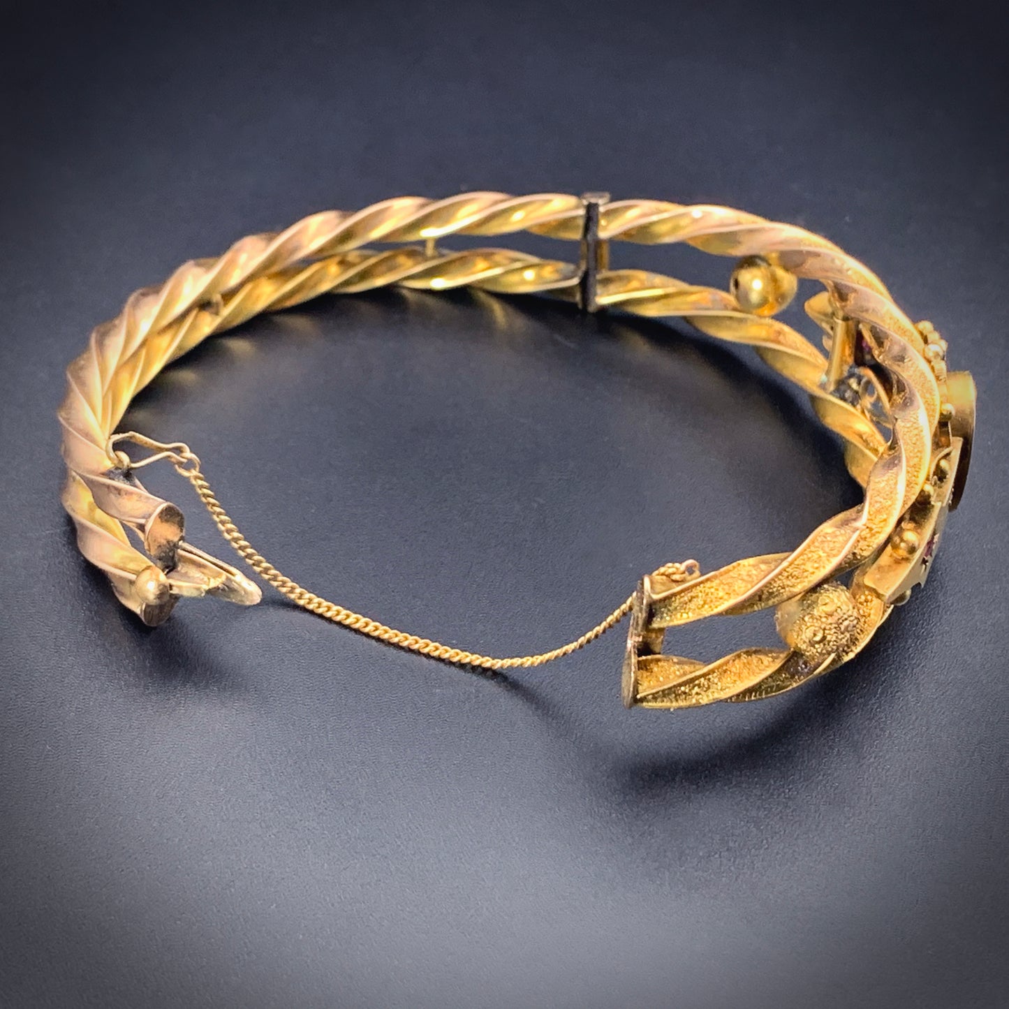 Antique English 9K, Diamond & Garnet Bangle Bracelet