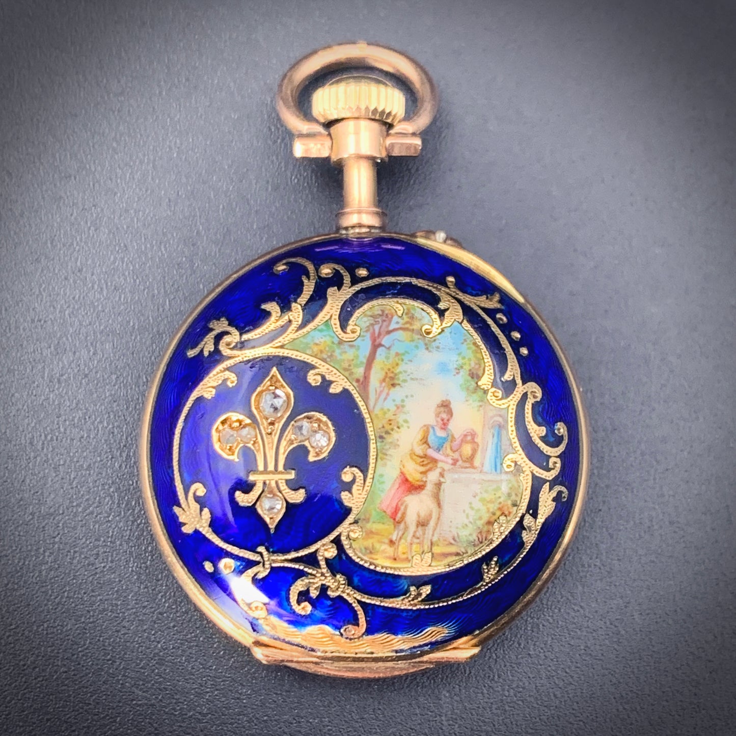 Antique 14K, Diamond & Hand Painted Enamel Pocket Watch circa 1890