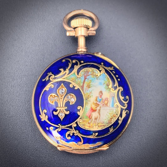 Antique 14K, Diamond & Hand Painted Enamel Pocket Watch circa 1890