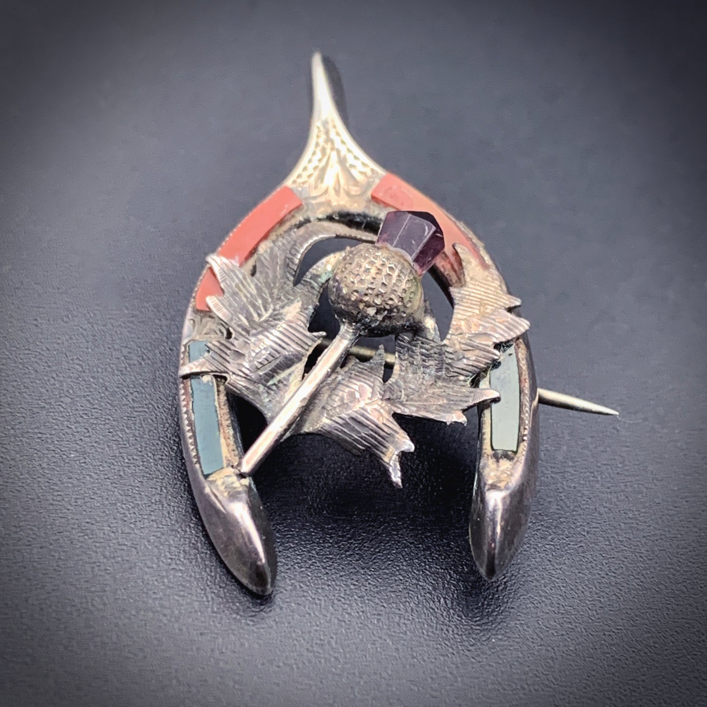 SOLD Antique Sterling Silver, Agate & Paste Wishbone & Thistle Brooch