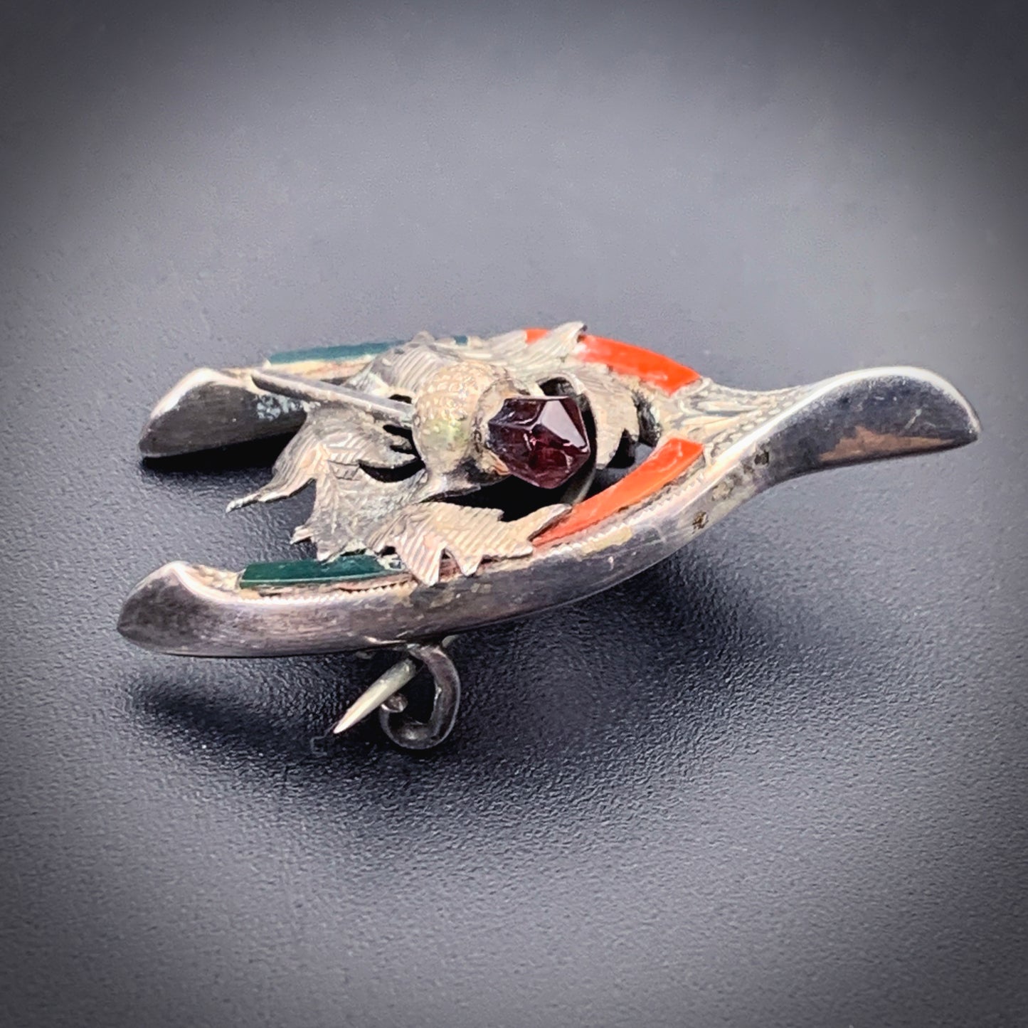 SOLD Antique Sterling Silver, Agate & Paste Wishbone & Thistle Brooch
