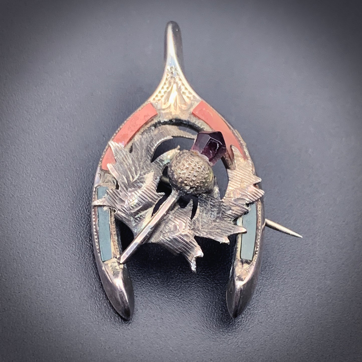 SOLD Antique Sterling Silver, Agate & Paste Wishbone & Thistle Brooch