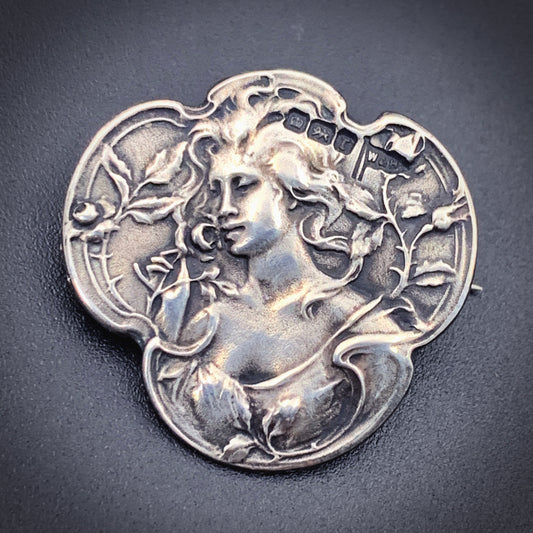 SOLD Antique Art Nouveau Silver Lady Brooch