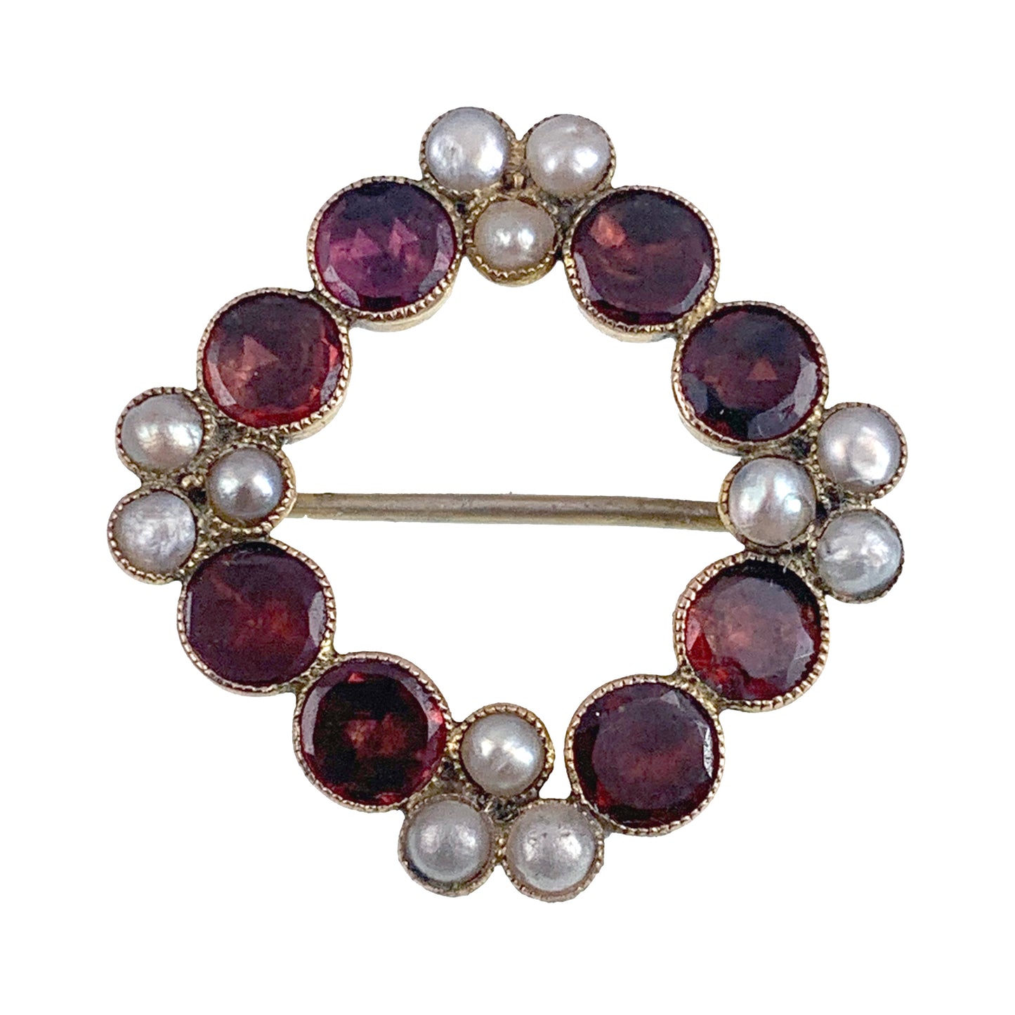 Antique Regency Era 10-12K Garnet & Pearl Wreath Brooch