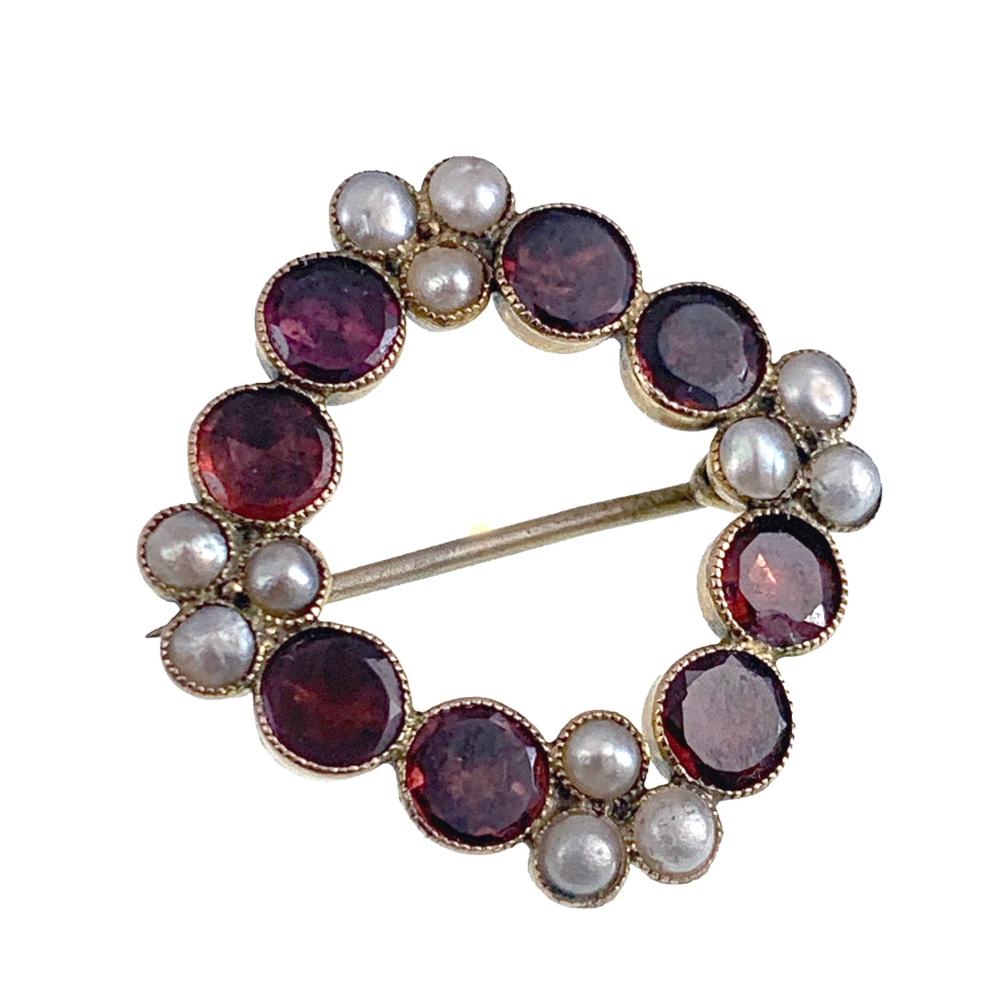 Antique Regency Era 10-12K Garnet & Pearl Wreath Brooch