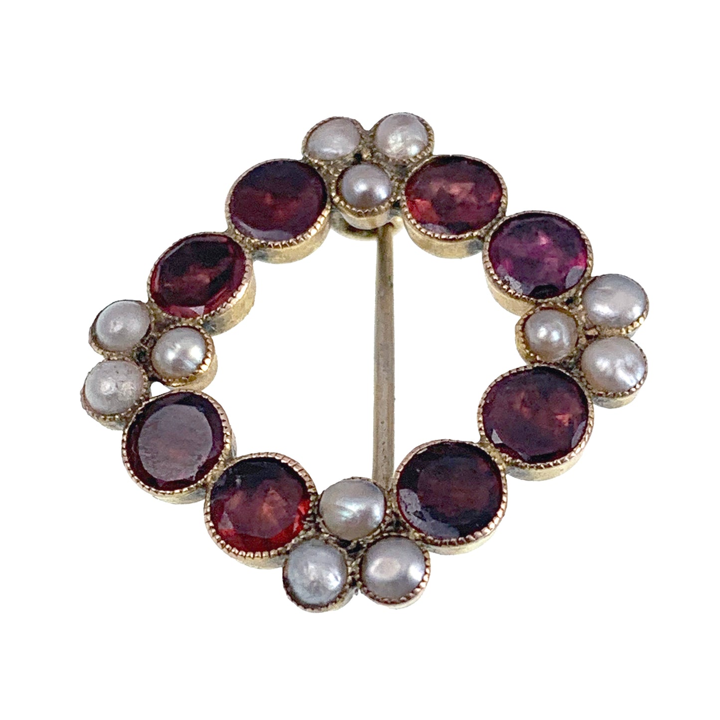 Antique Regency Era 10-12K Garnet & Pearl Wreath Brooch