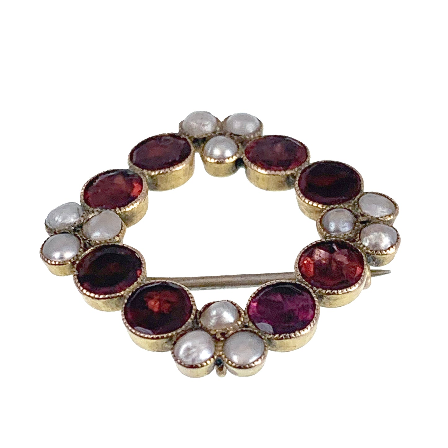 Antique Regency Era 10-12K Garnet & Pearl Wreath Brooch