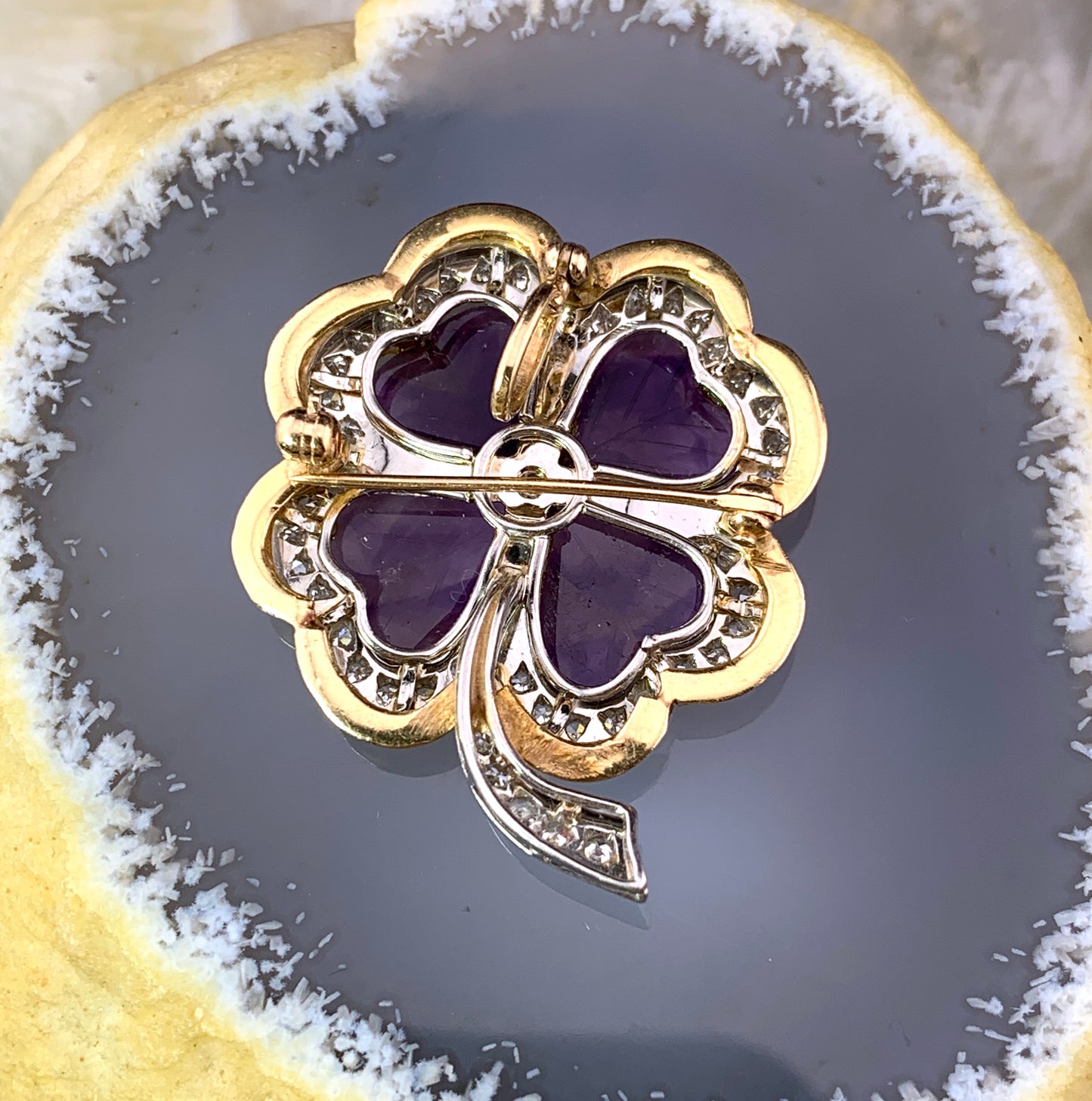 Vintage 14K, Amethyst & Diamond Clover Brooch Pendant