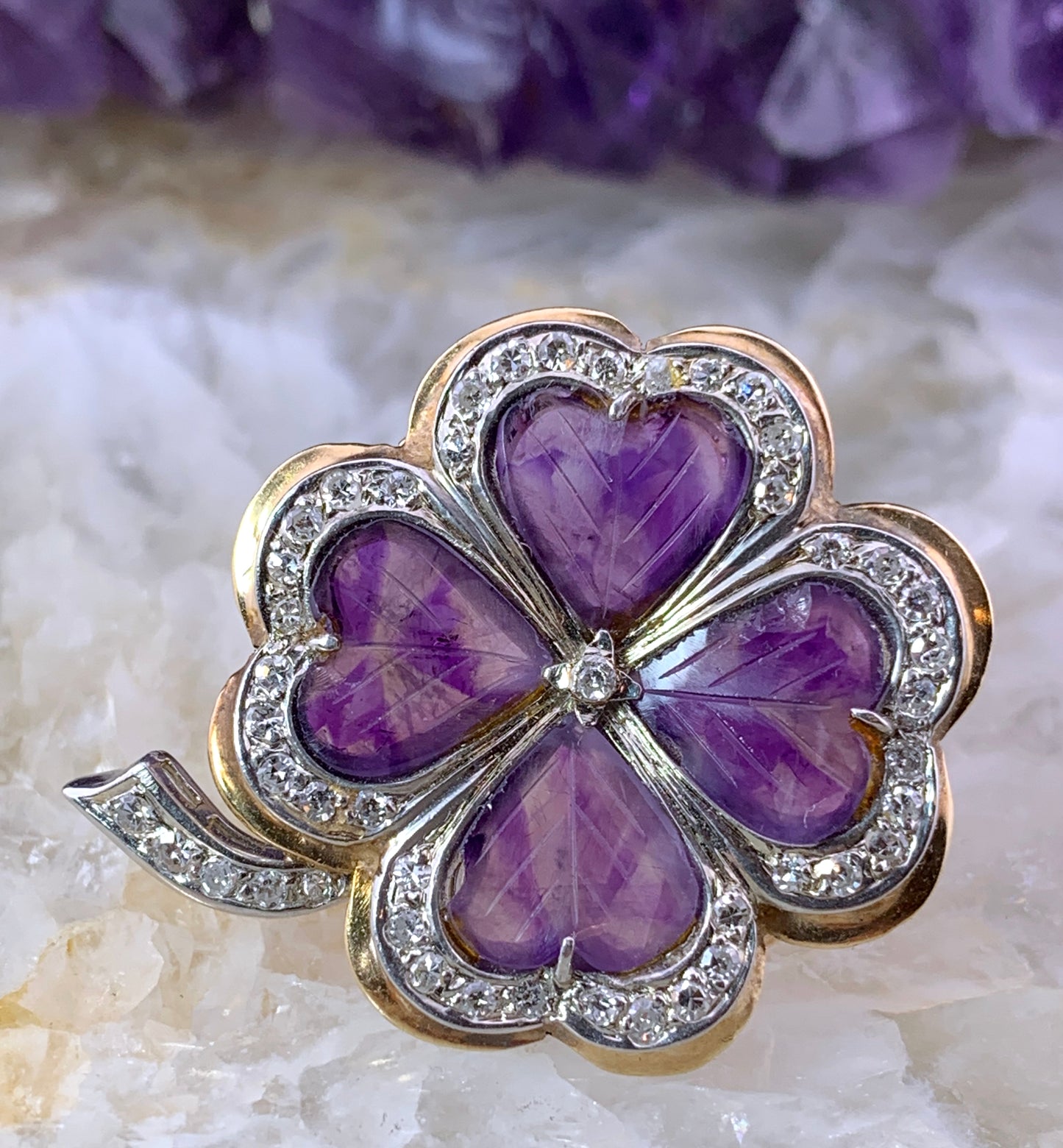 Vintage 14K, Amethyst & Diamond Clover Brooch Pendant