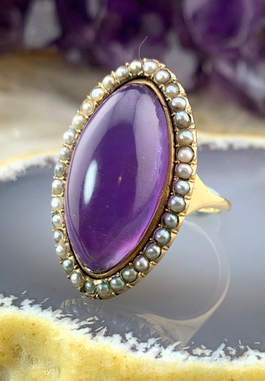 SOLD Antique French 18K, Amethyst & Seed Pearl Modified Navette Ring