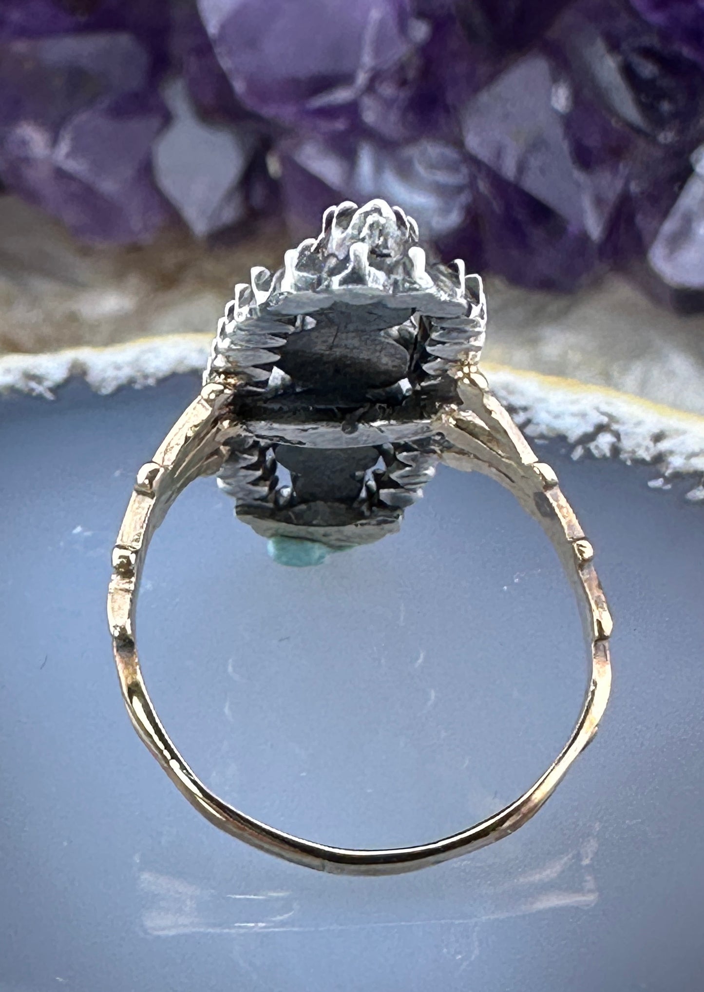 Antique 14K, Silver & Rose Cut Diamond Navette Conversion Ring