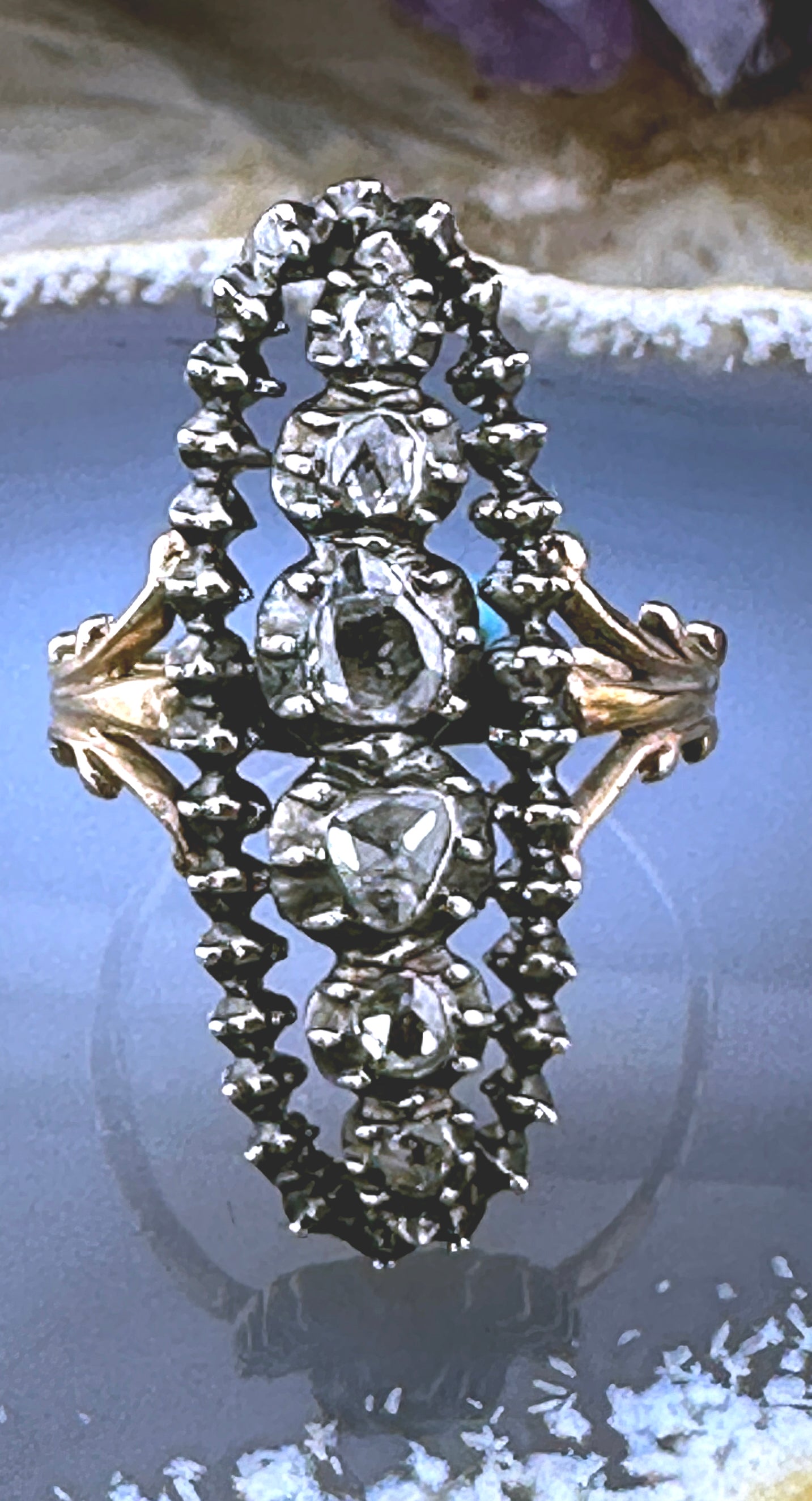 Antique 14K, Silver & Rose Cut Diamond Navette Conversion Ring