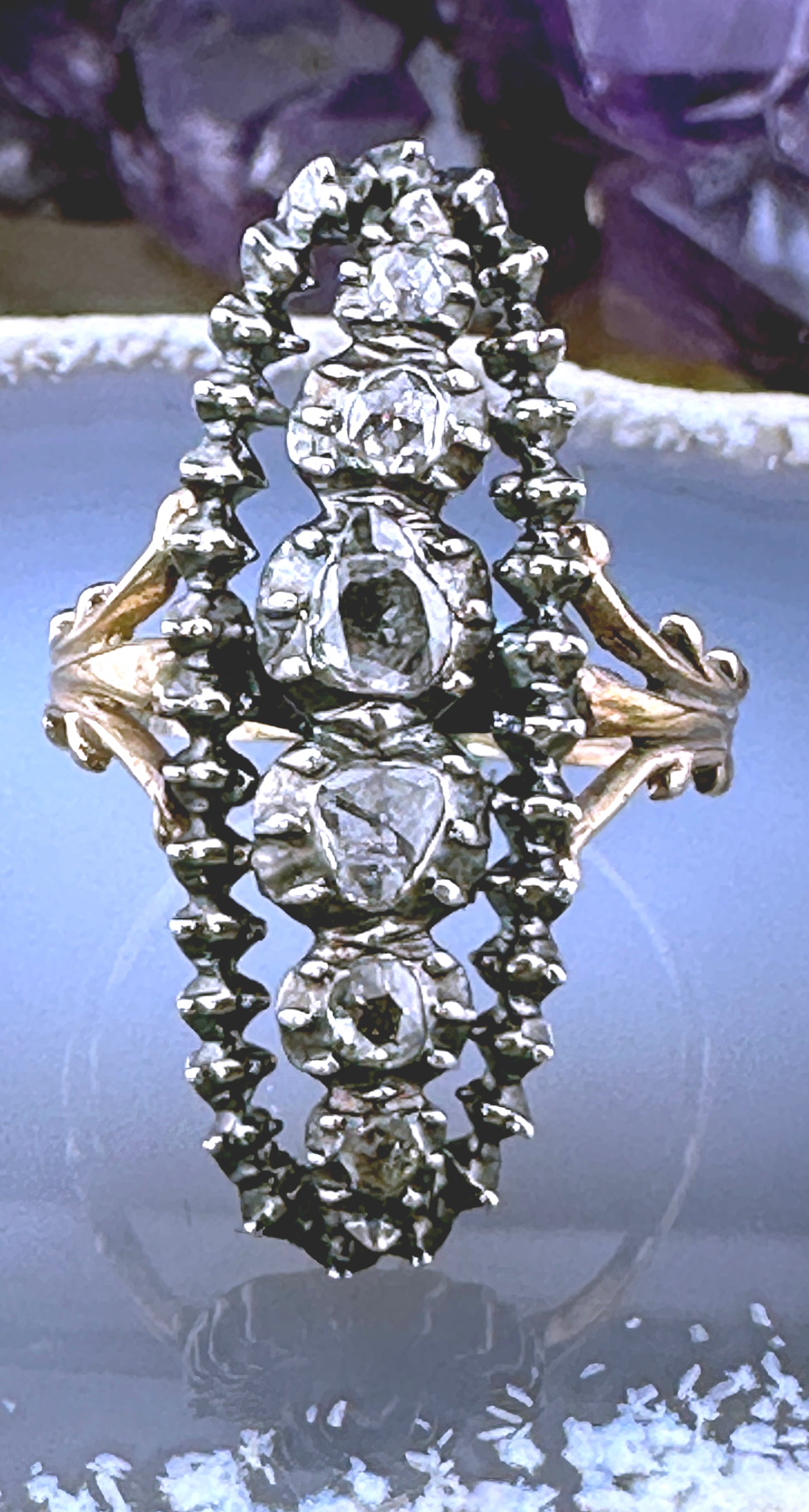 Antique 14K, Silver & Rose Cut Diamond Navette Conversion Ring