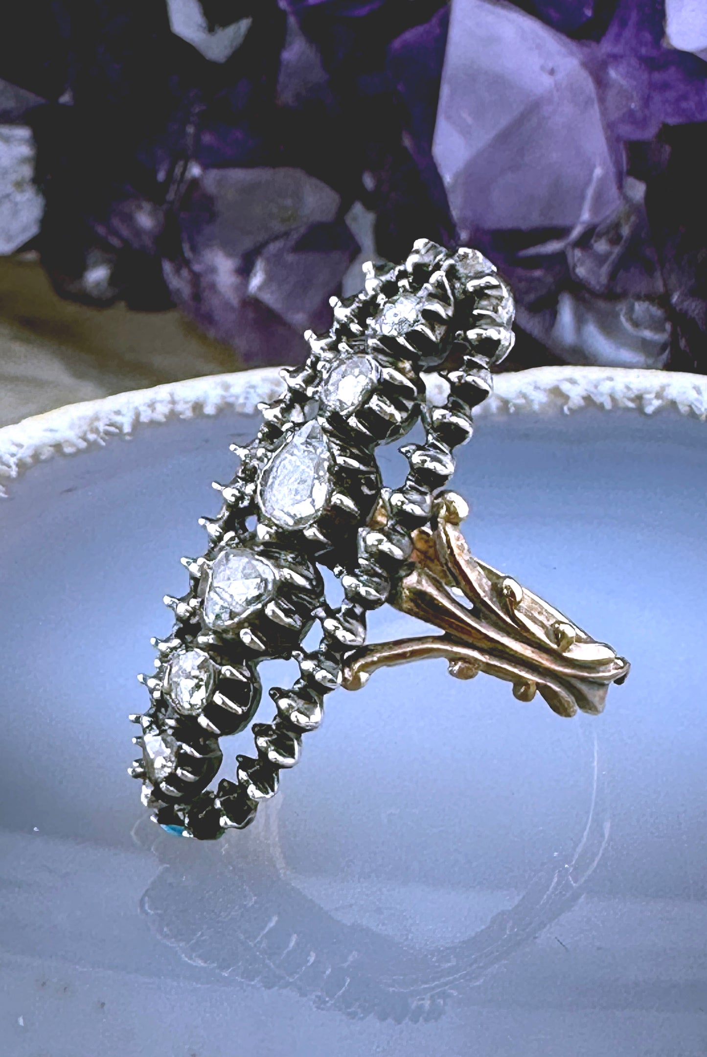 Antique 14K, Silver & Rose Cut Diamond Navette Conversion Ring