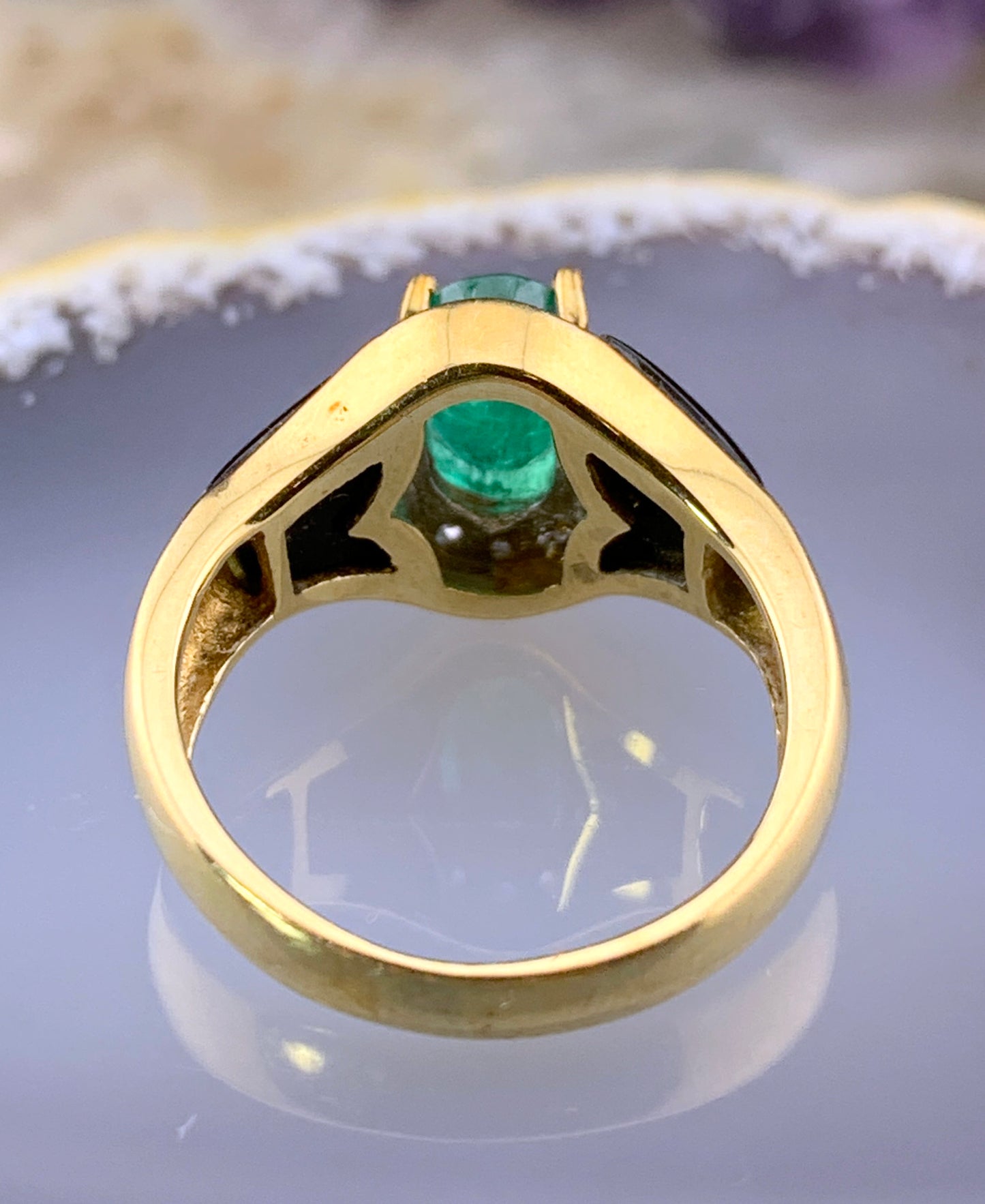 Vintage 18K, Diamond, Emerald & Onyx Ring