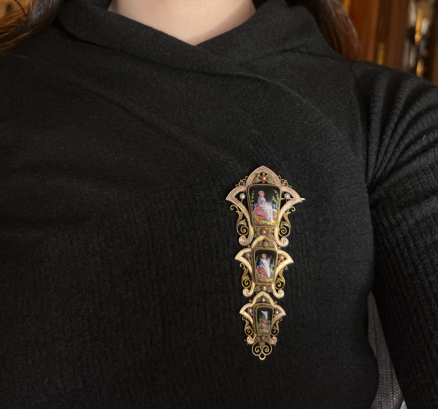 SOLD Antique 18K, Seed Pearl & Hand Painted Enamel Portrait Brooch
