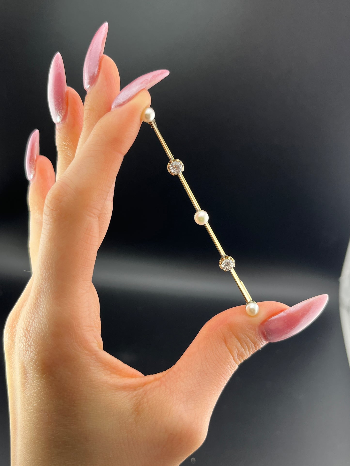 Antique French 18K, Diamond & Pearl Bar Pin/Brooch