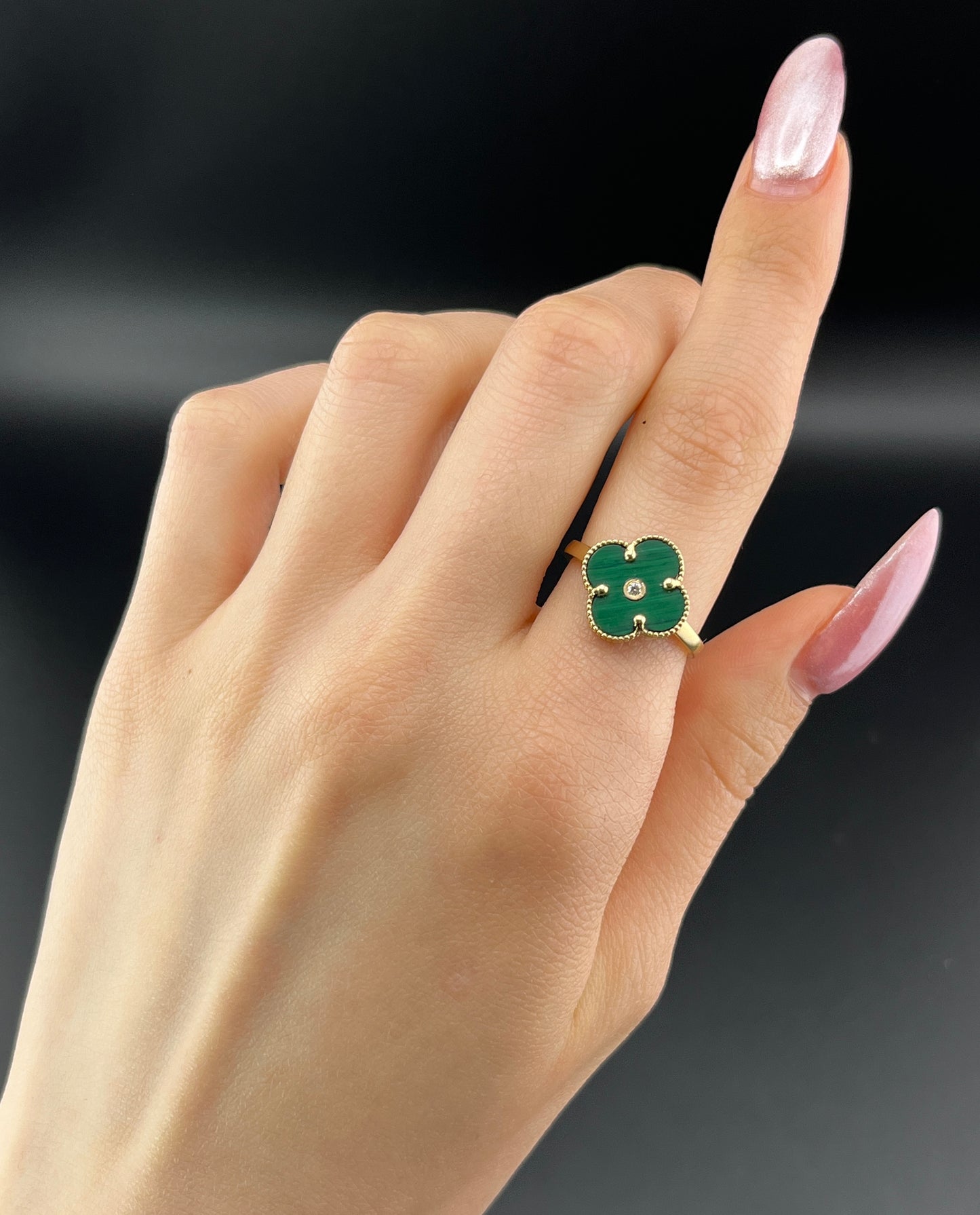 Vintage 14K, Diamond & Malachite Quatrefoil Ring