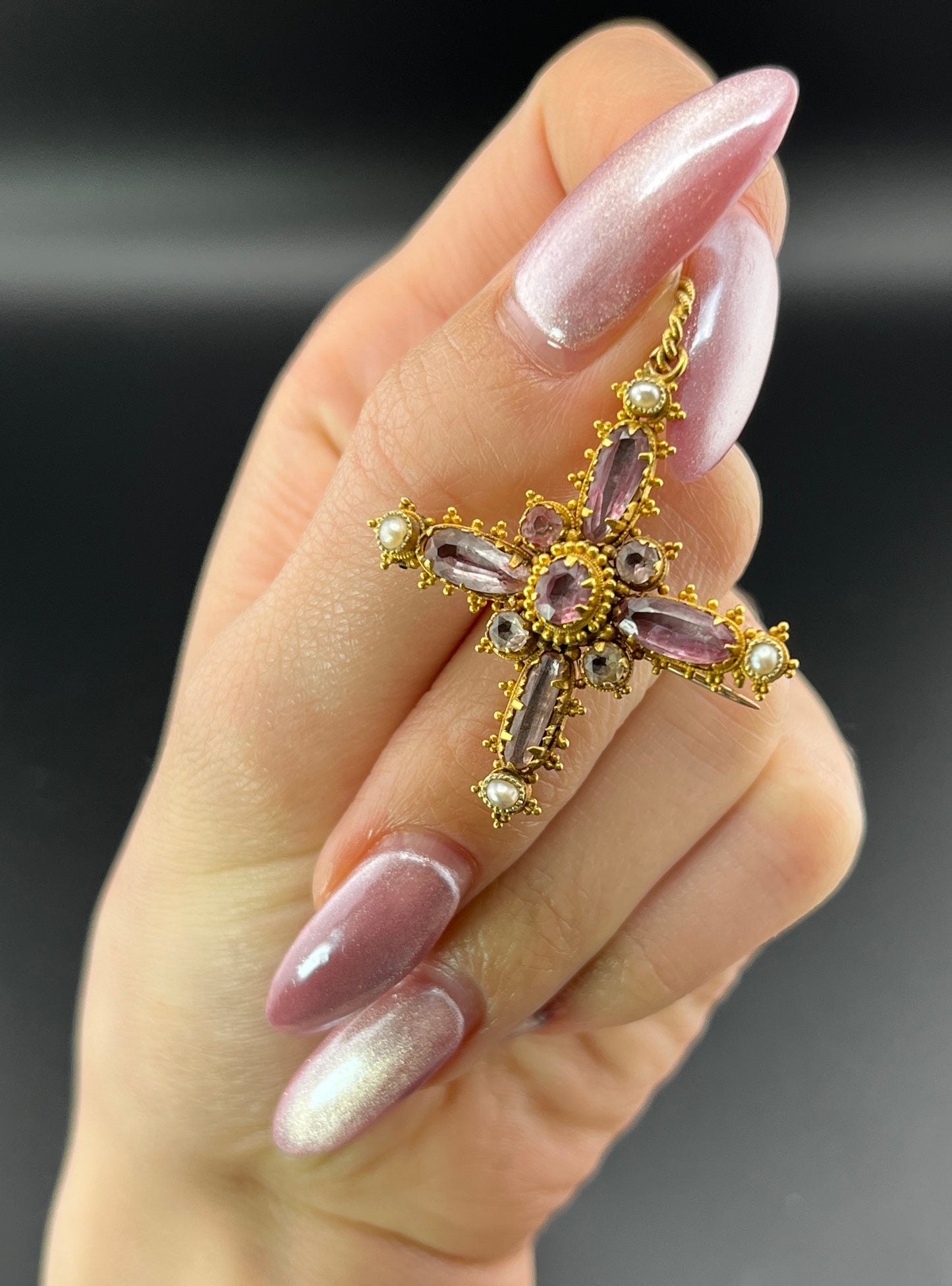 SOLD Antique English 15K, Pink Topaz & Seed Pearl Cross Brooch/Pendant