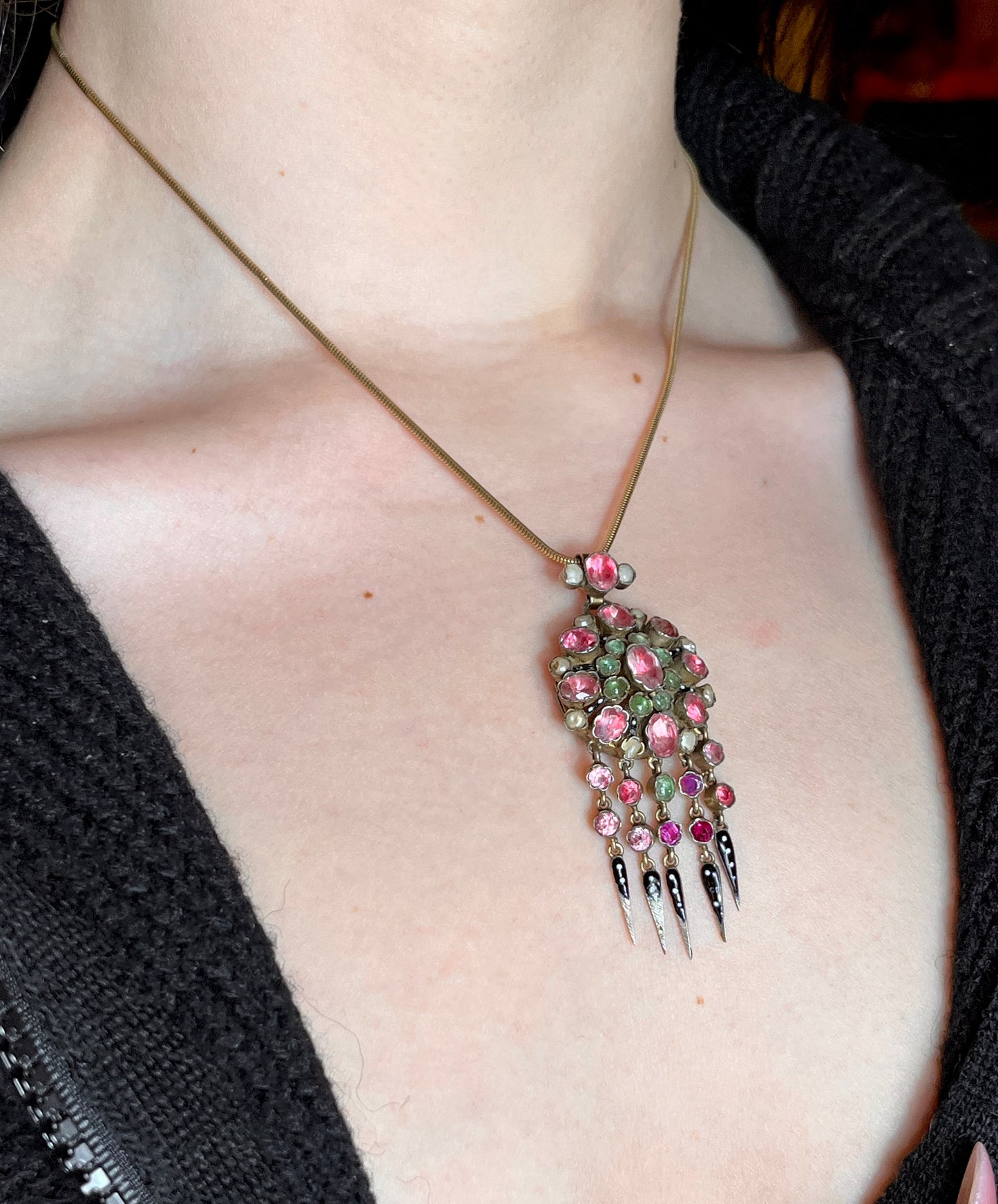 Antique French Silver, Tourmaline, Pearl, Paste & Enamel Locket Back Pendant