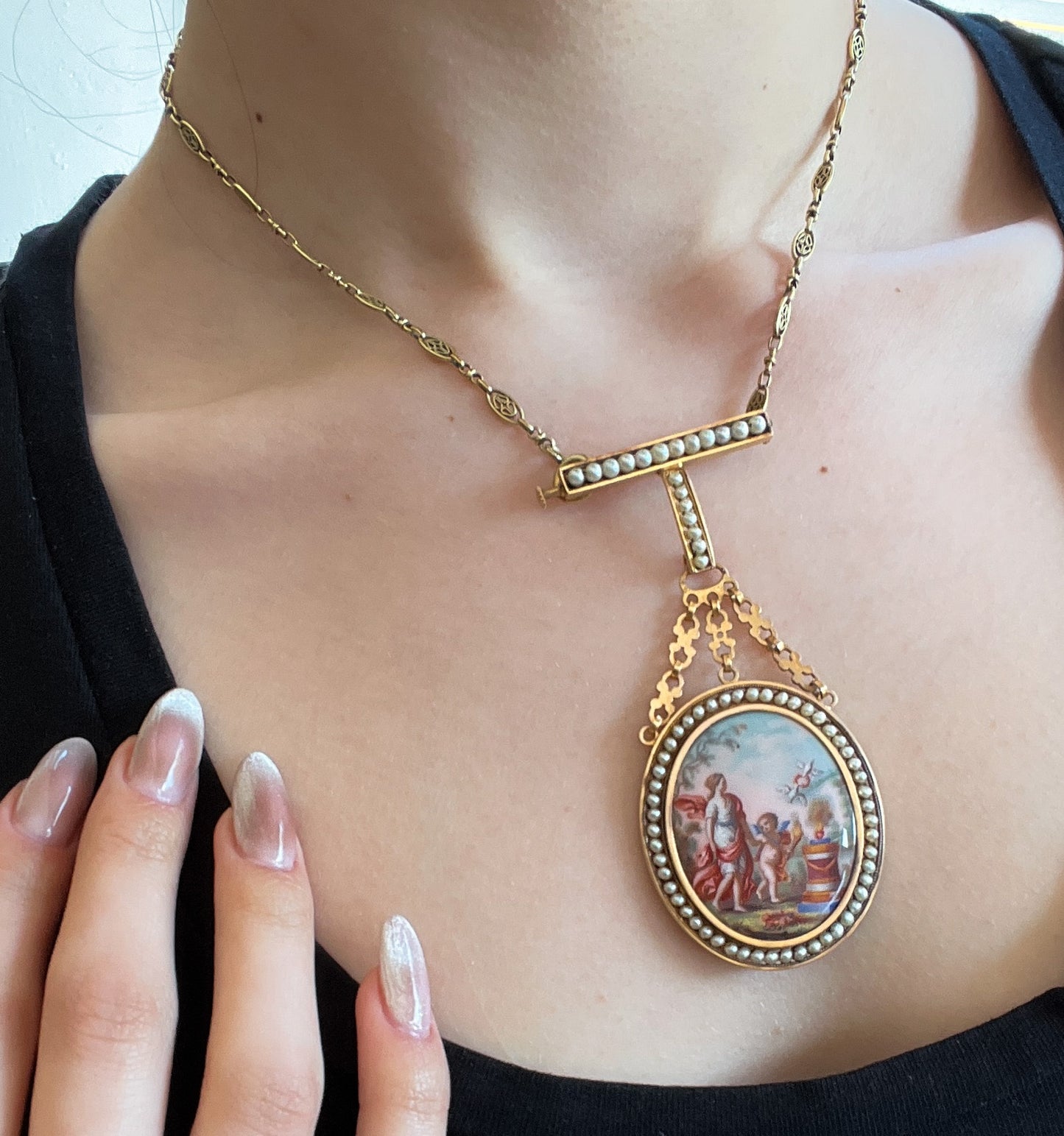 SOLD Antique 18K, Seed Pearl & Hand Painted Enamel Locket Back Brooch