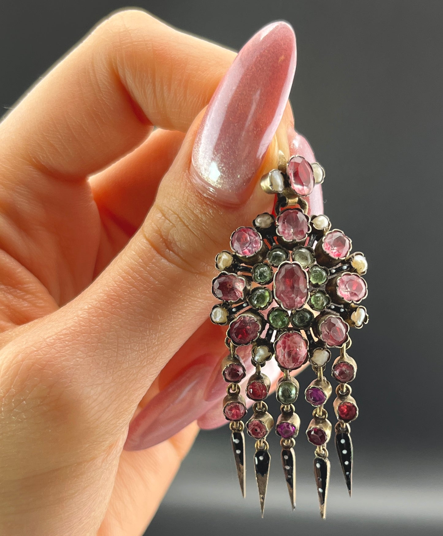 Antique French Silver, Tourmaline, Pearl, Paste & Enamel Locket Back Pendant