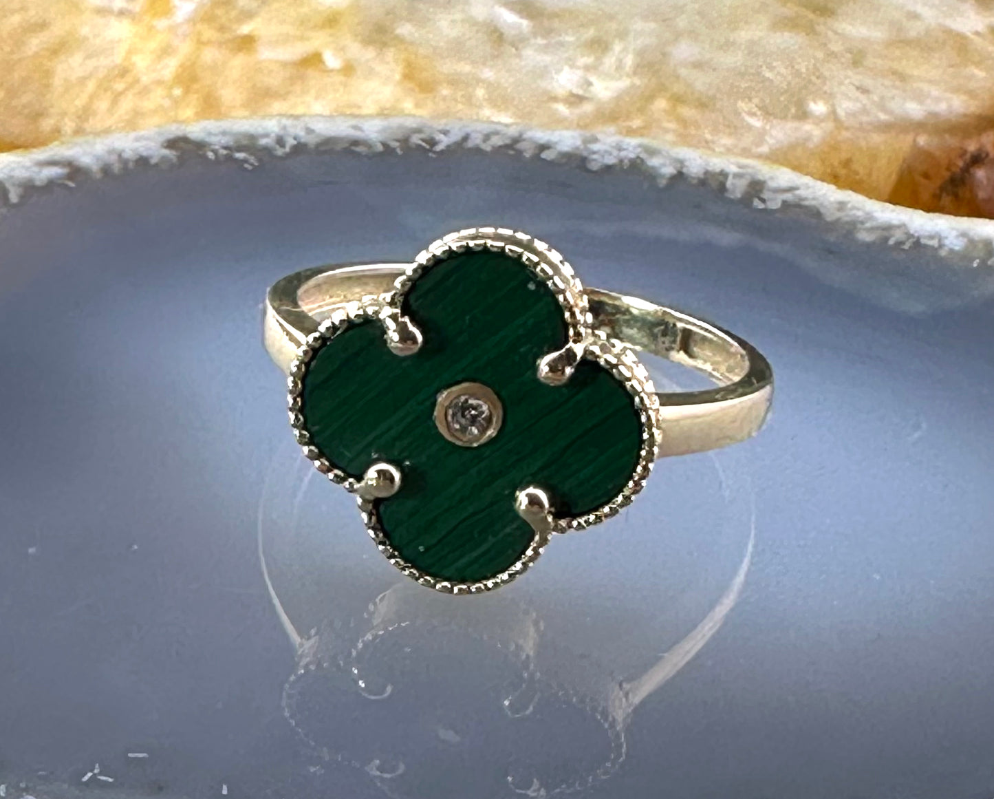 Vintage 14K, Diamond & Malachite Quatrefoil Ring