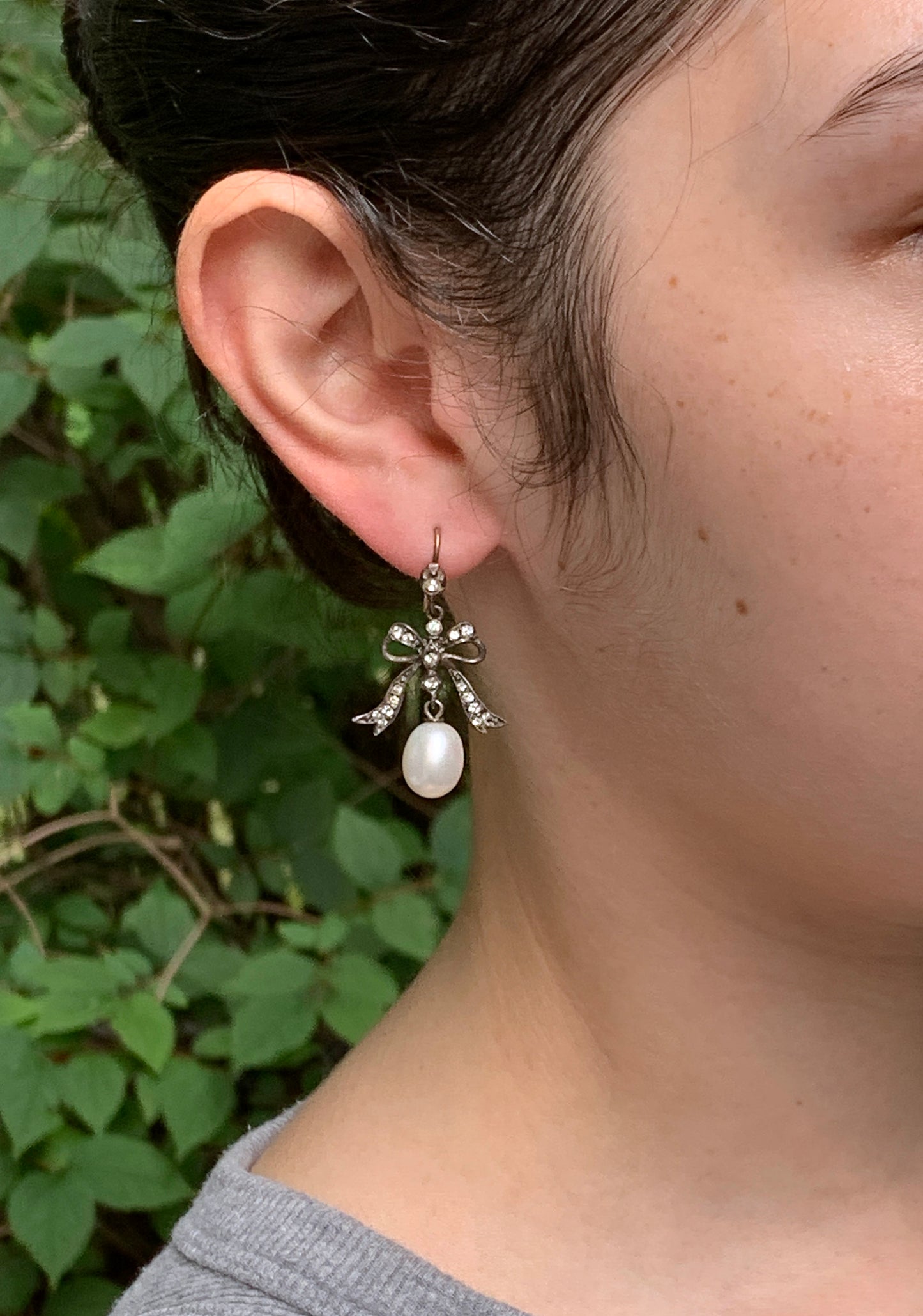 Antique 9K, Silver, Pearl Drop & Paste Diamond Bow Earrings