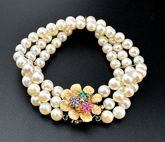 SOLD Vintage 14K, Pearl, Ruby, Emerald & Sapphire Bracelet