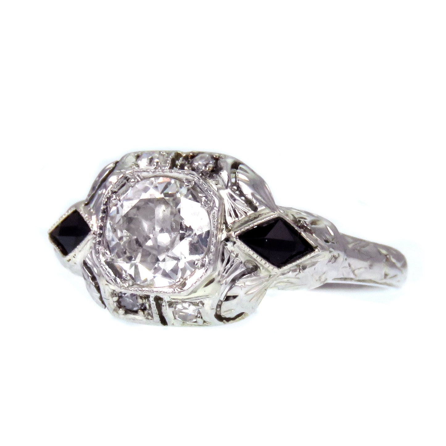 Sold--Art Deco European Round-Cut Diamond and Onyx 18k Ring K