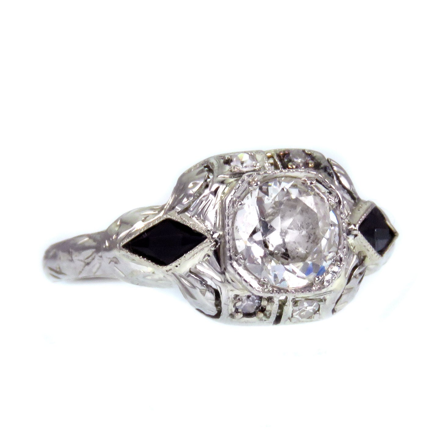 Sold--Art Deco European Round-Cut Diamond and Onyx 18k Ring K