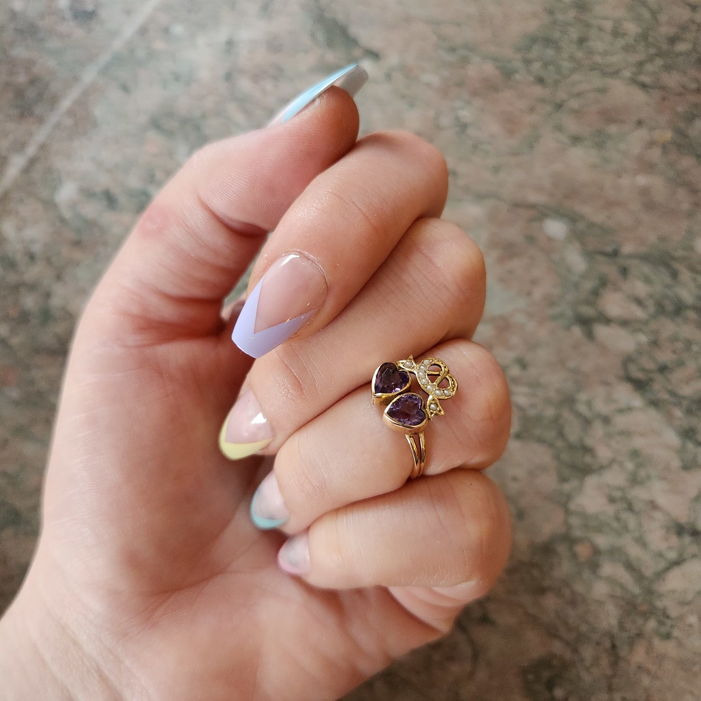 Antique 14K, Amethyst & Seed Pearl Double Heart Conversion Ring