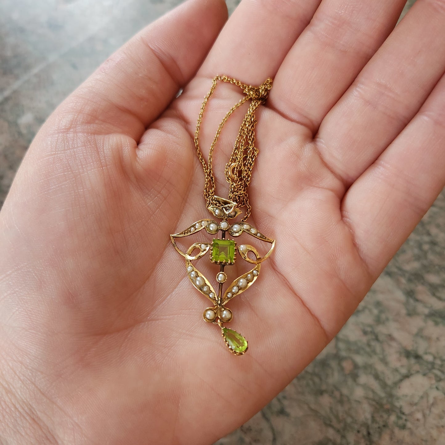 Antique 9K, Peridot & Pearl Suffragette Pendant on Chain