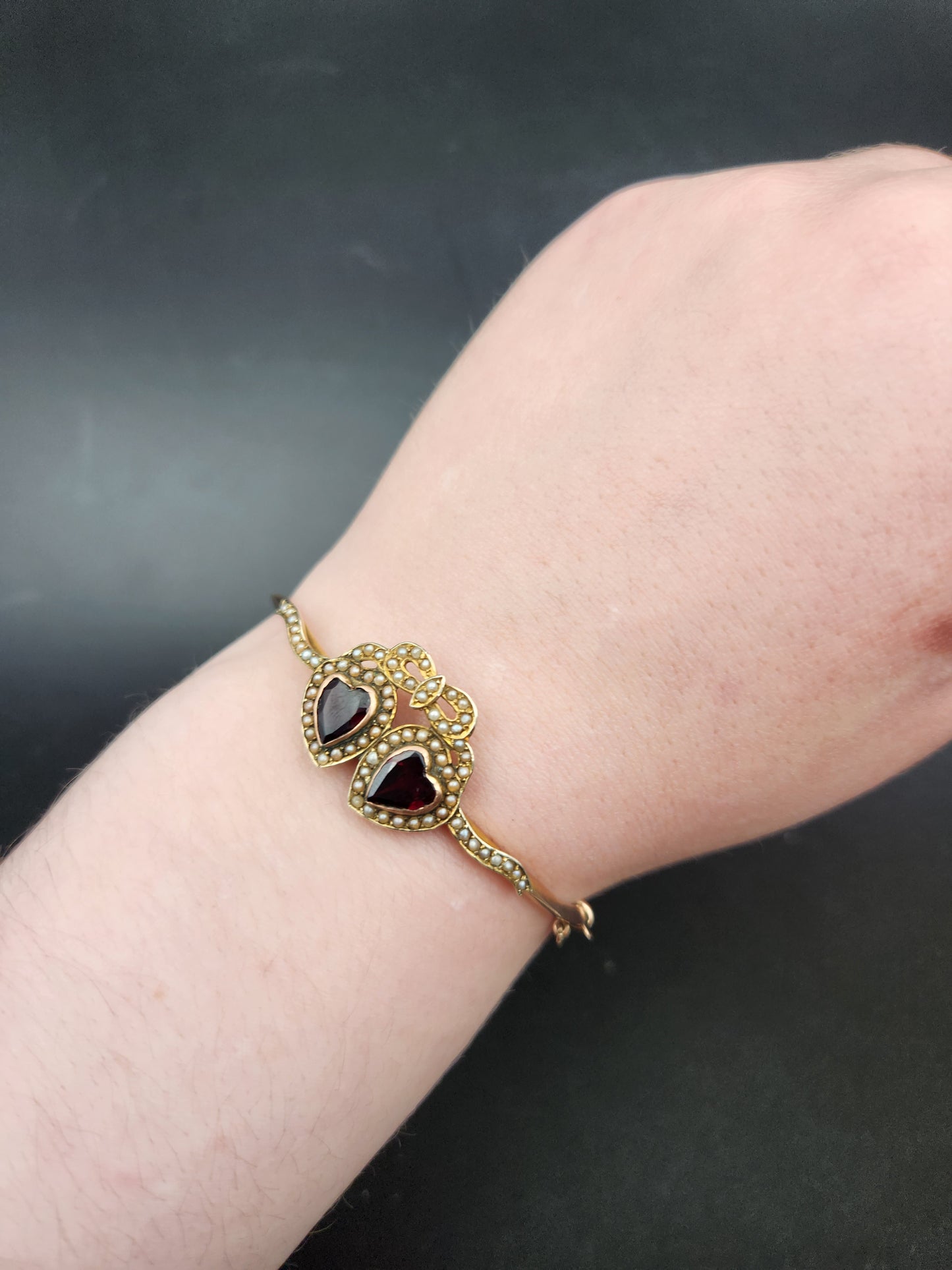 SOLD Antique 9K, Garnet & Seed Pearl Double Heart Bracelet K