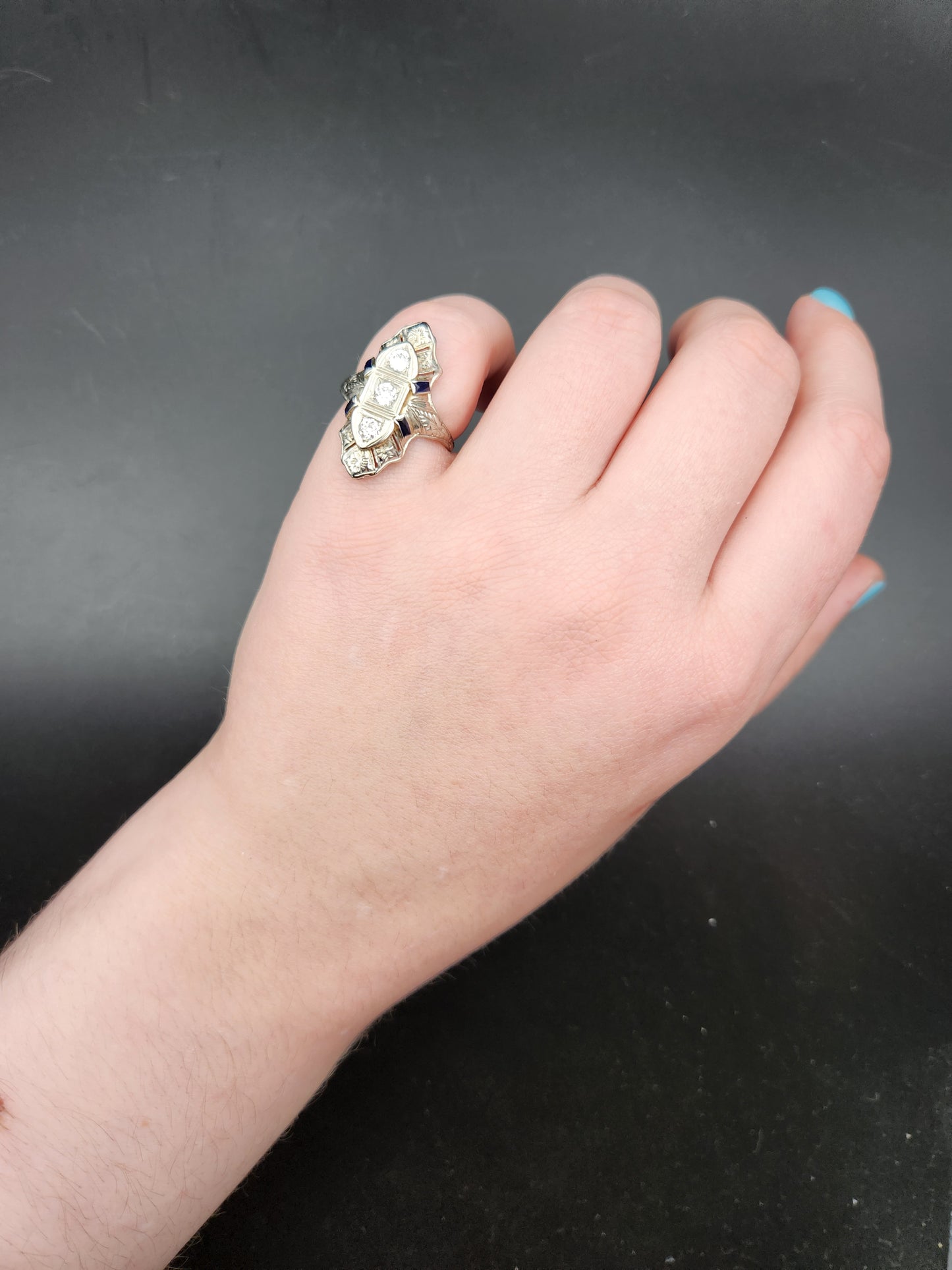 Art Deco 18K, Diamond & Sapphire Navette Ring