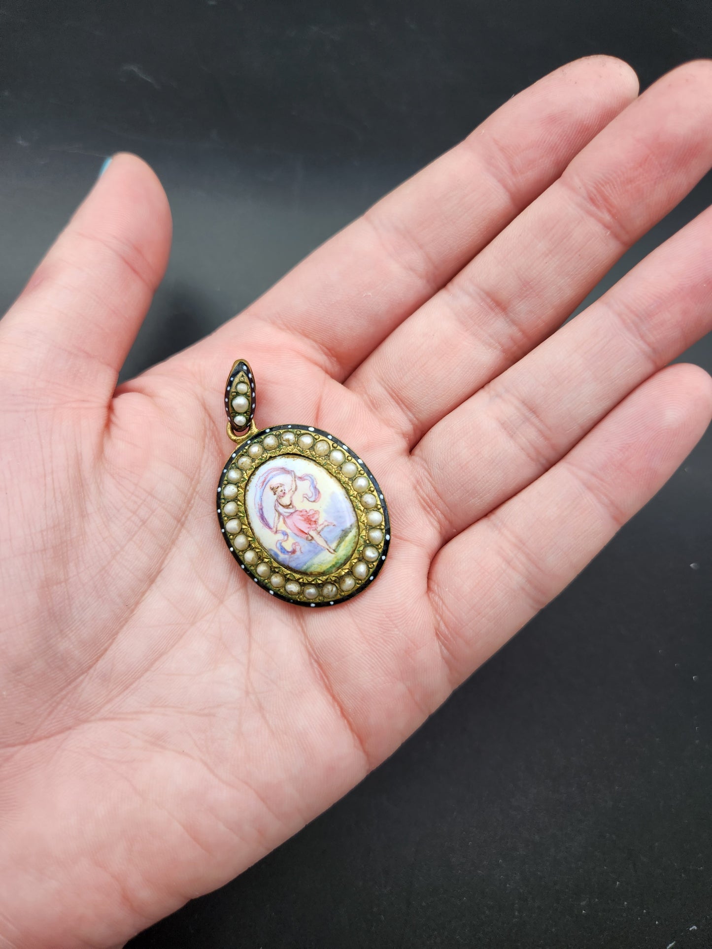 SOLD Antique French Pinchbeck, Seed Pearl, Enamel & Hand Painted Dancing Lady Pendant