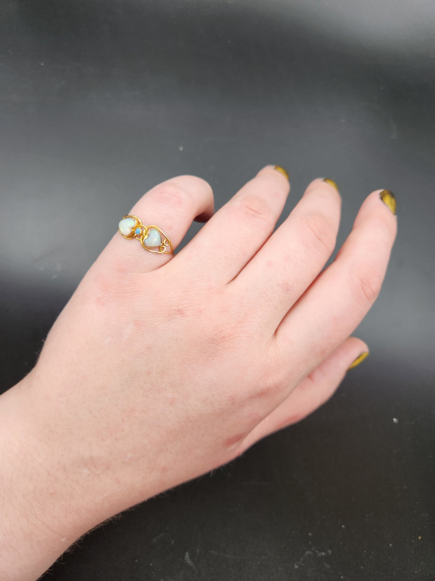 Antique 10K, Opal & Turquoise Double Heart Ring