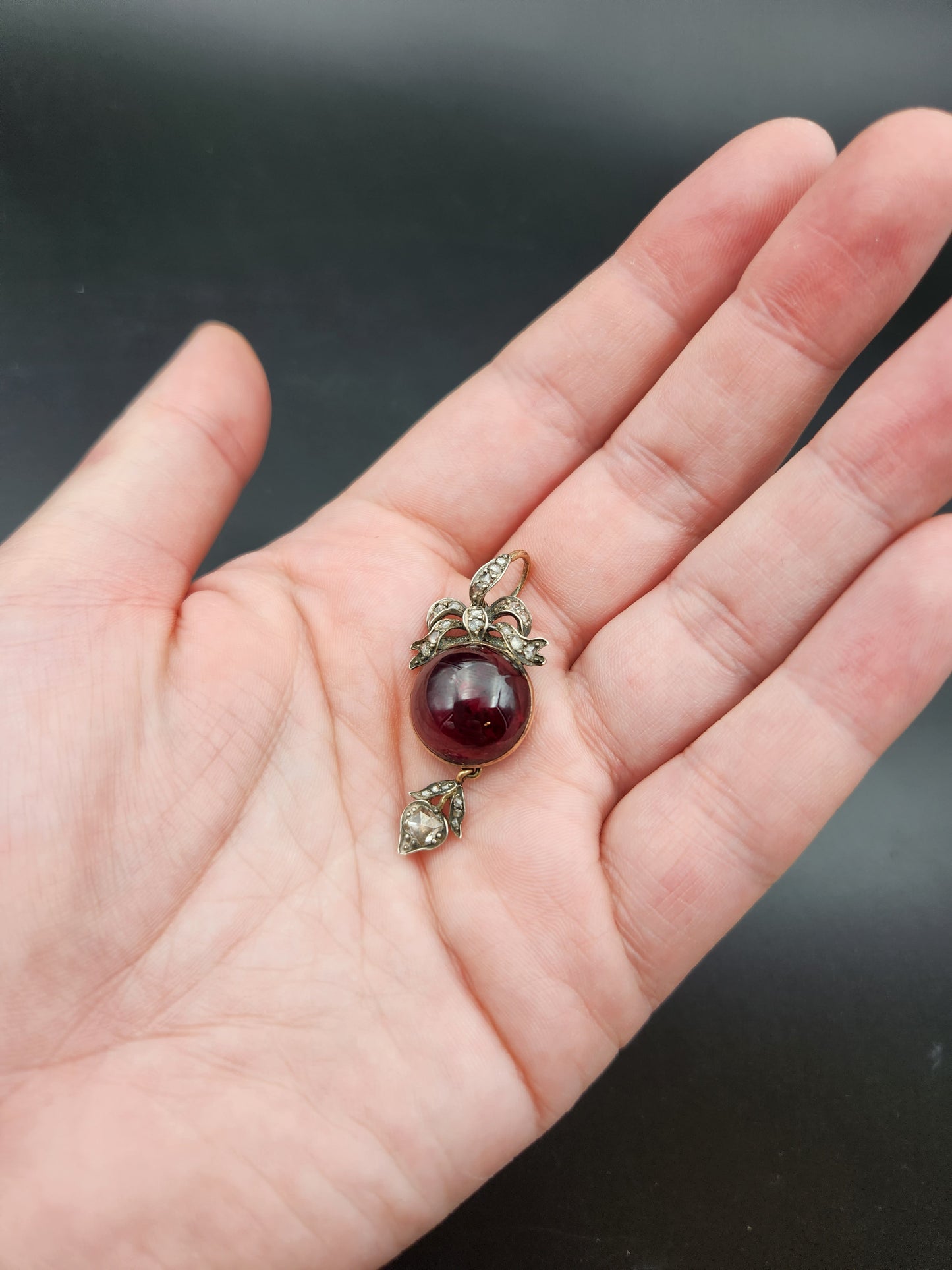 Sold Antique Silver& 9K Gold, Diamond, Foiled Garnet Locket Back Pendant W/Lock Of Hair