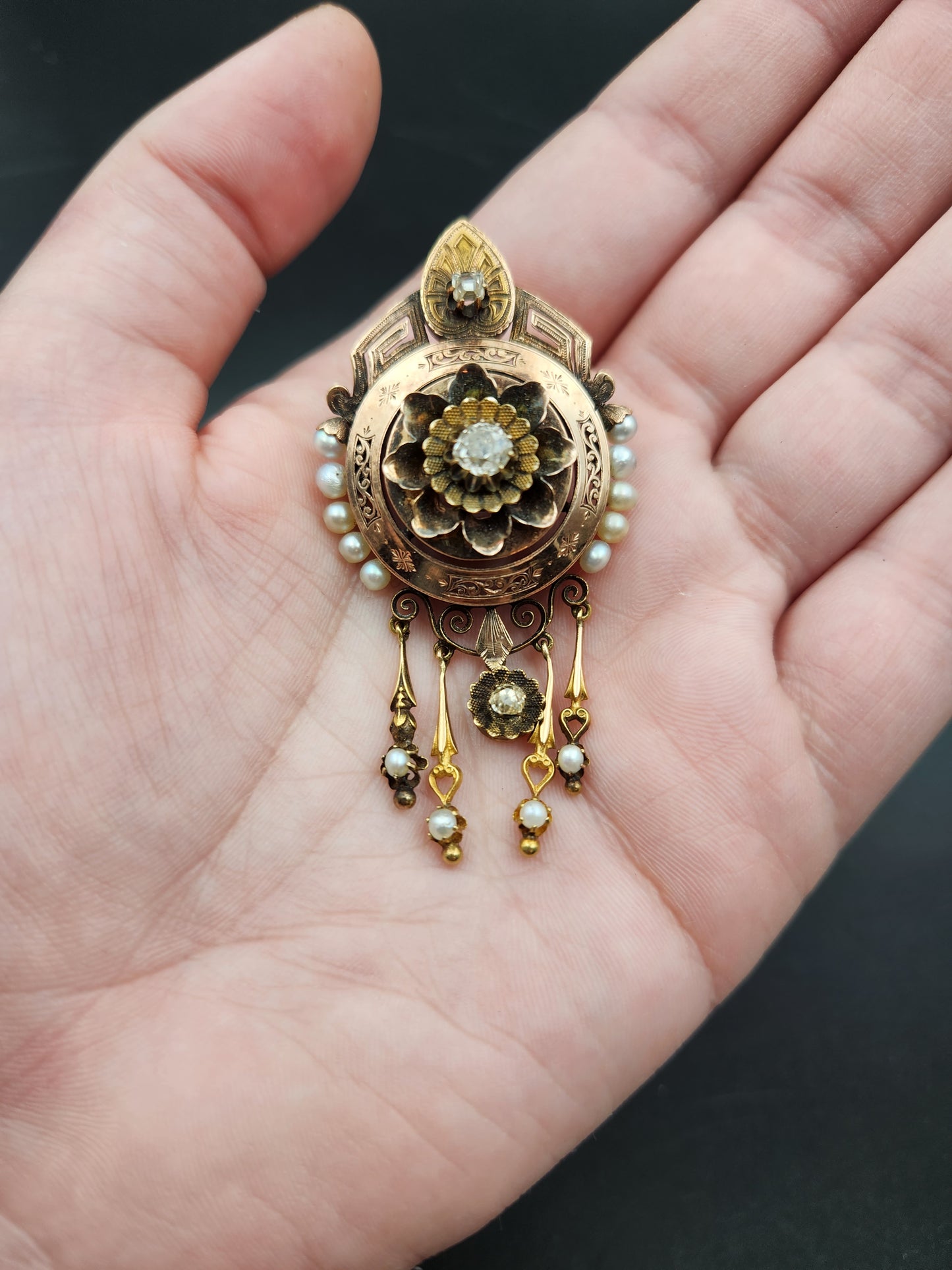 Antique Victorian 18K, Diamond & Pearl Dangler Brooch K