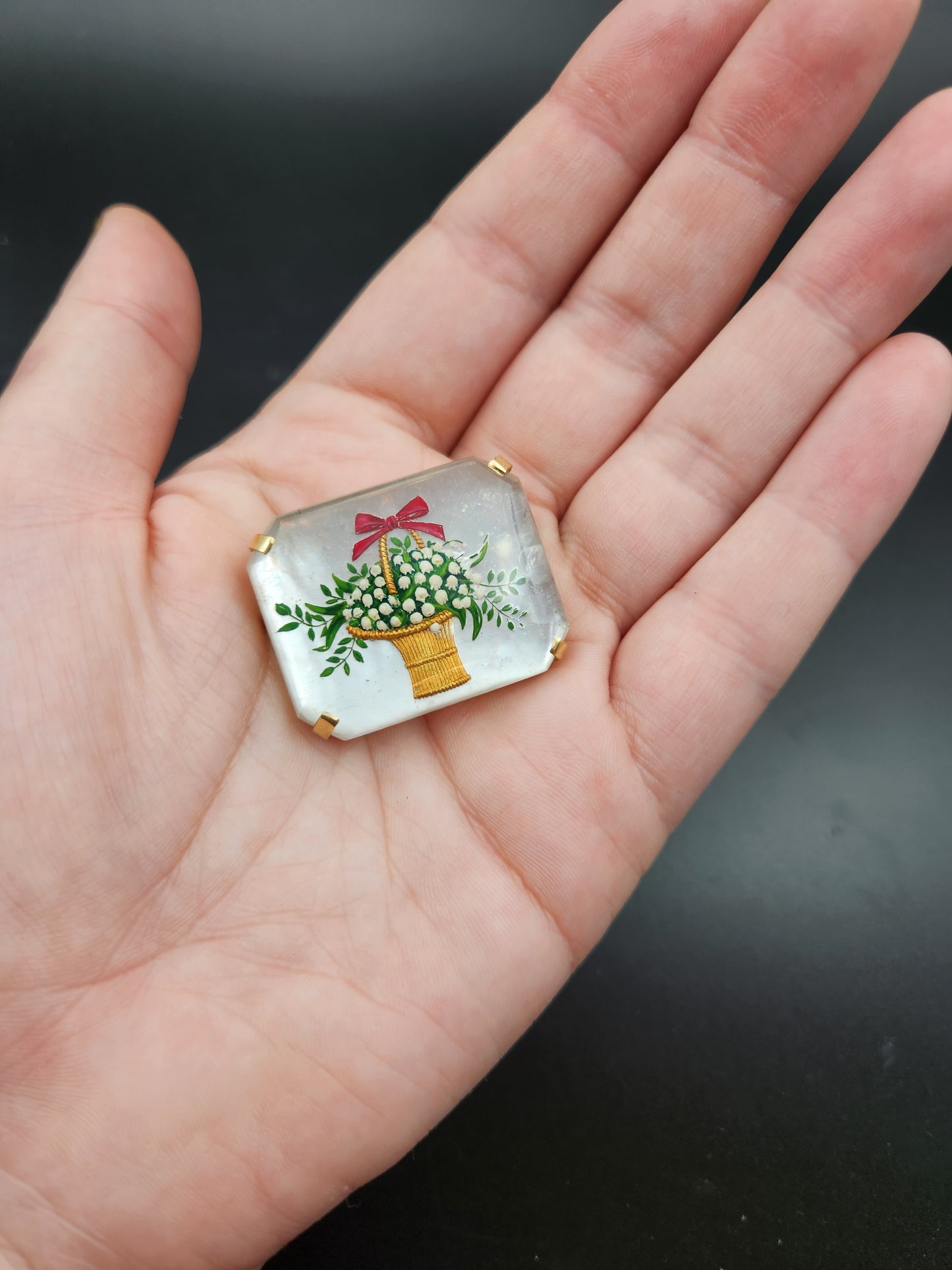SOLD: Antique 14K, Mother Of Pearl & Hand Painted Essex Crystal Floral Brooch