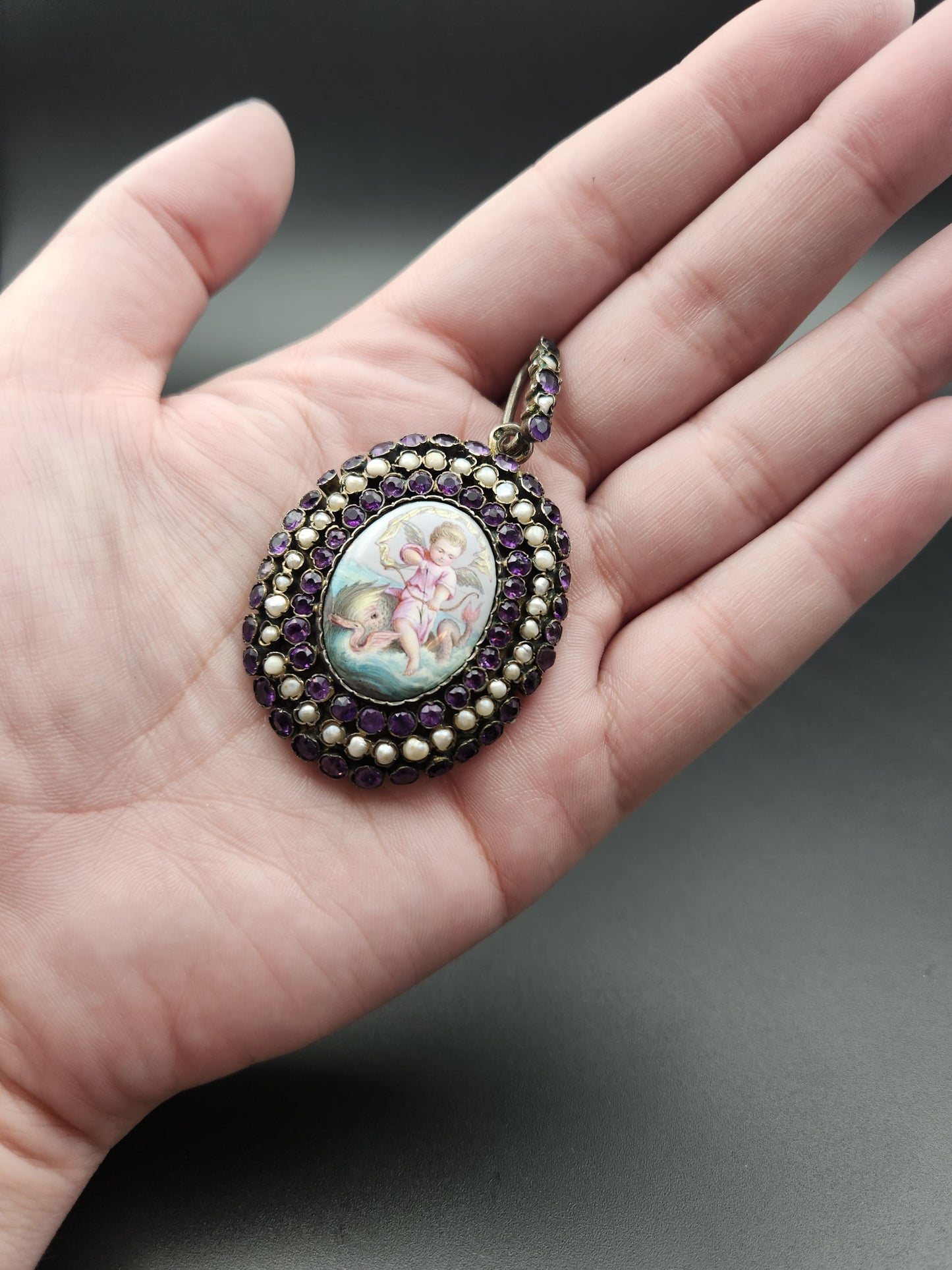 SOLD Antique Silver, Amethyst, Seed Pearl & Hand Painted Enamel Cupid Locket Pendant K