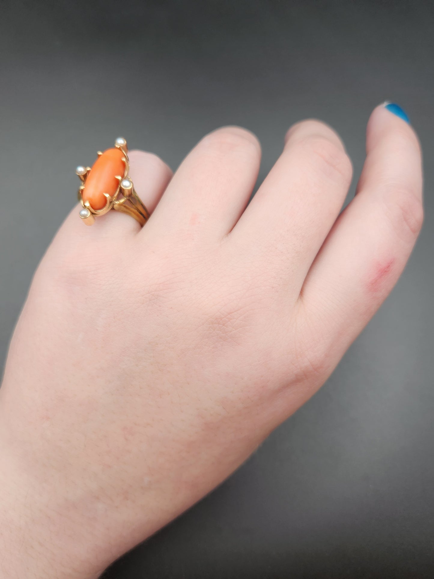 Antique 14K, Coral & Seed Pearl Conversion Ring