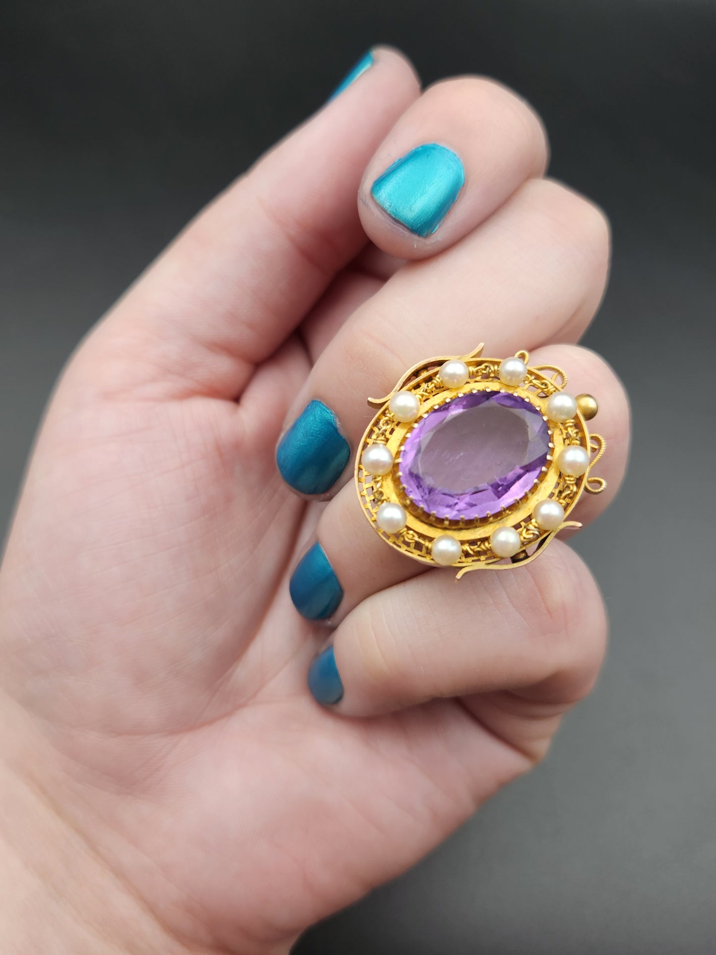 Antique 14K, Amethyst & Seed Pearl Conversion Ring