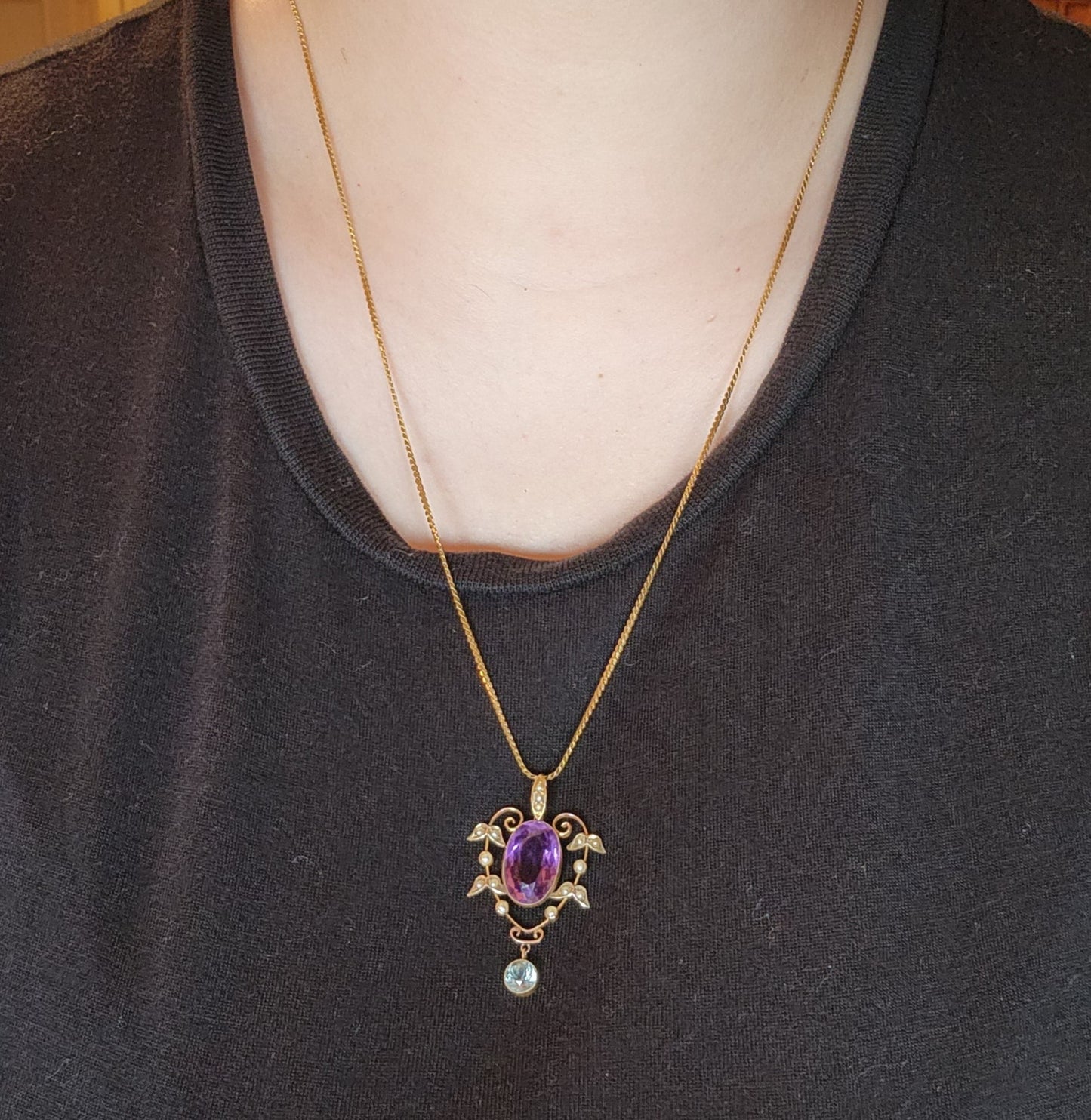 SOLD Antique 9K, Amethyst, Seed Pearl & Aquamarine Pendant