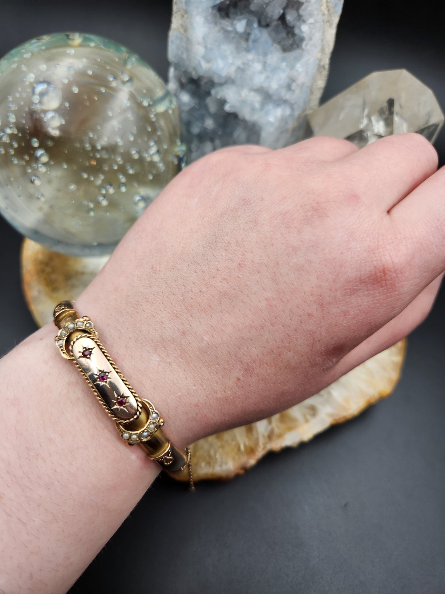 SOLD Antique 9K, Tourmaline & Seed Pearl Bangle Buckle Bracelet