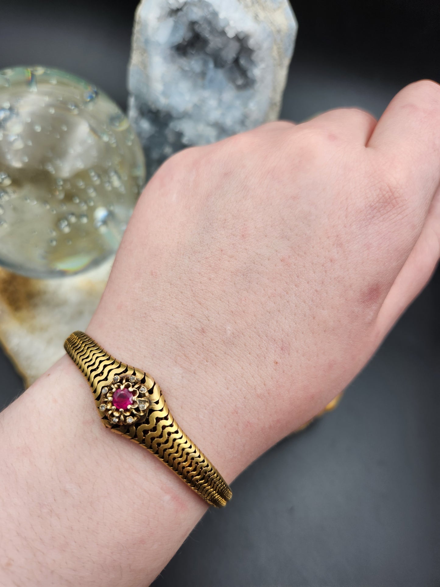 SOLD Antique Victorian 14K, Ruby & Diamond Serpentine Bracelet