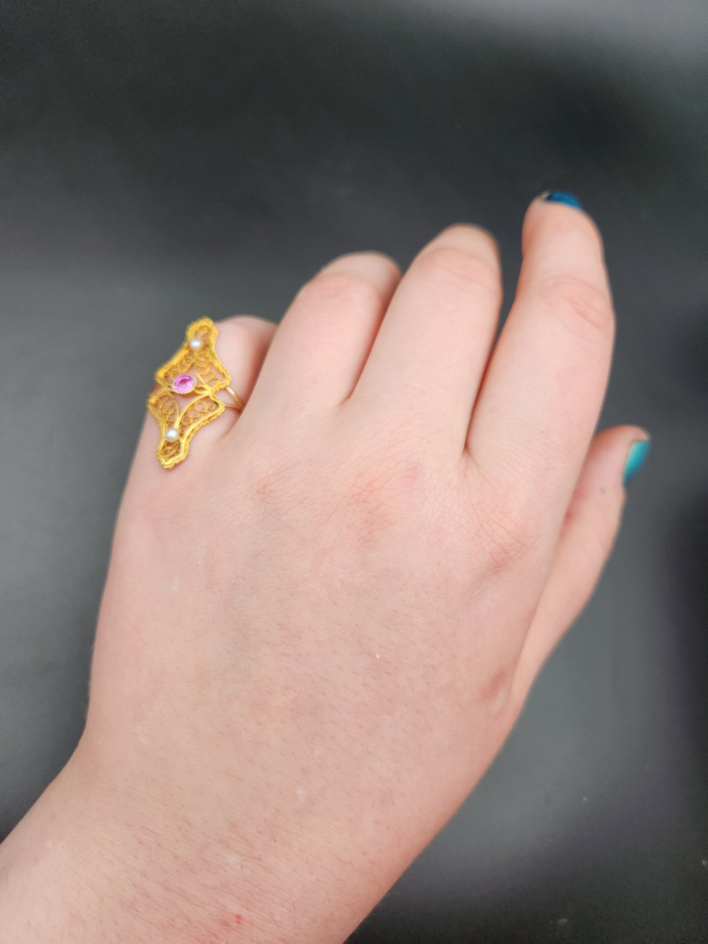 Antique 14K, 10K, Pink Sapphire & Seed Pearl Conversion Ring