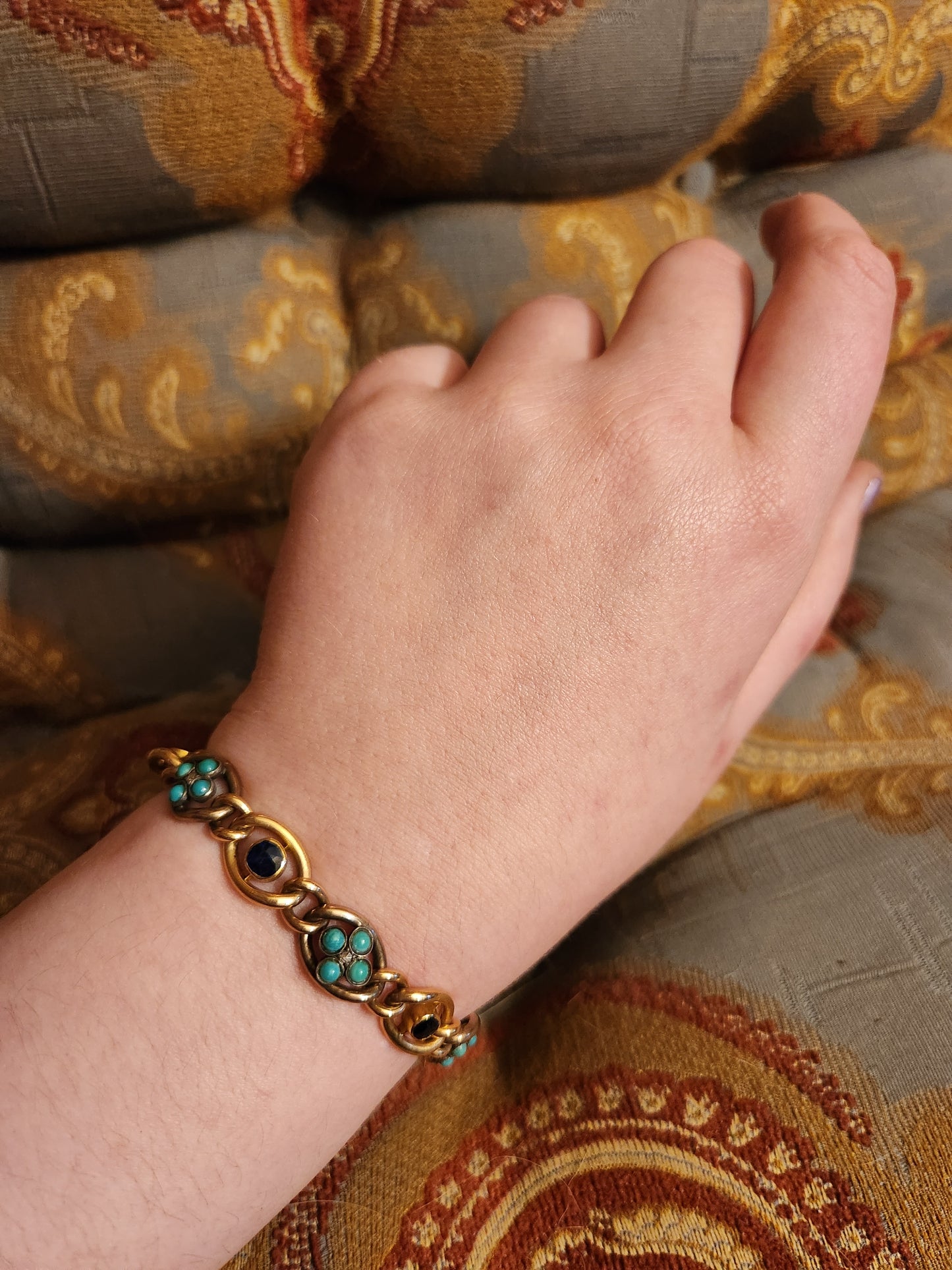 Antique 14K, Diamond, Sapphire & Turquoise Bracelet