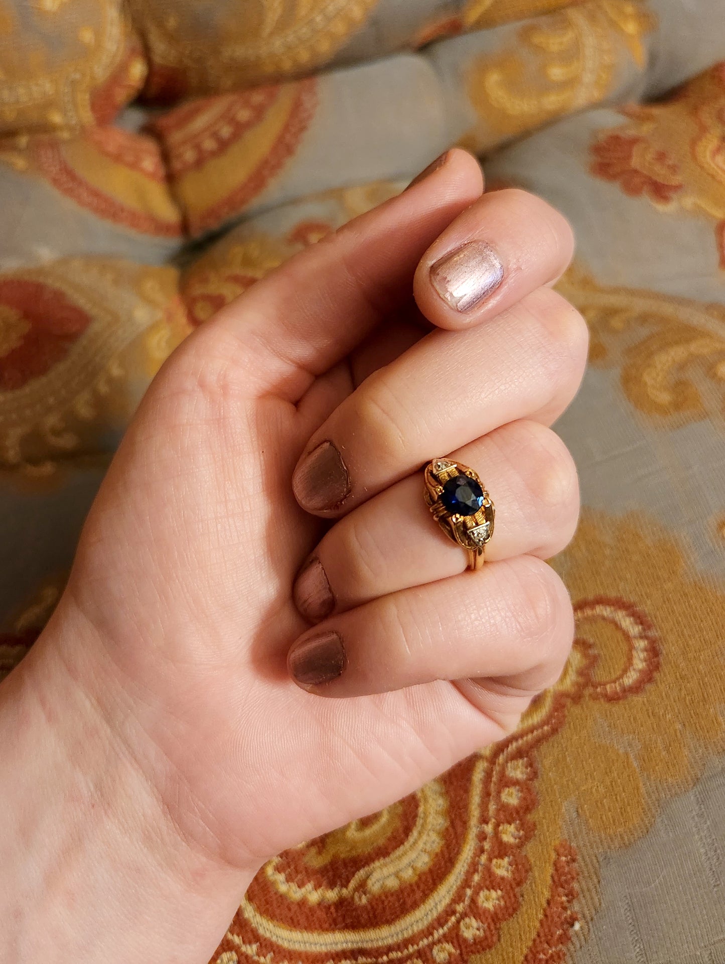 Vintage Art Deco 14K, Sapphire & Diamond Ring