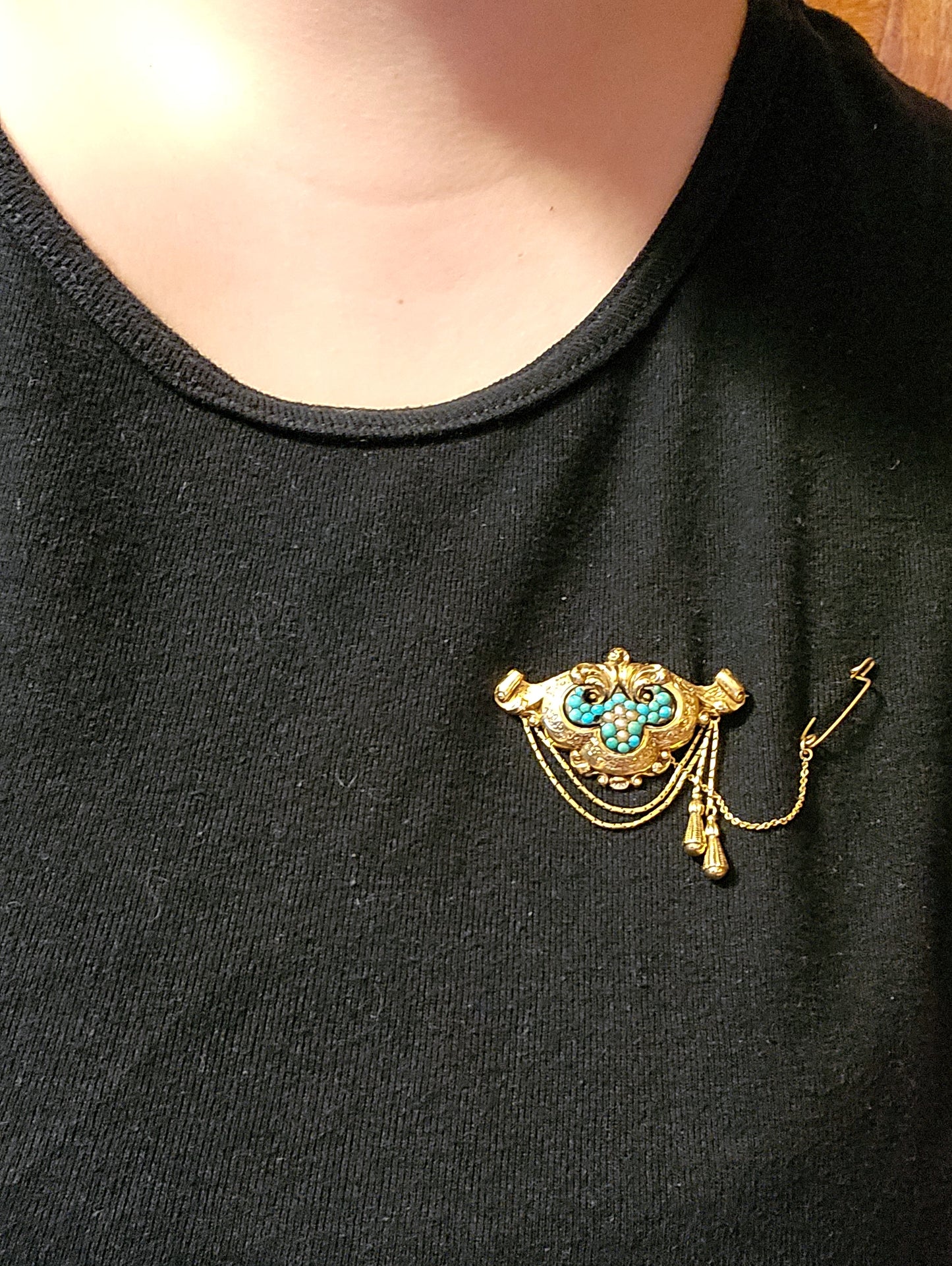 SOLD Antique 14K, Turquoise & Seed Pearl Brooch
